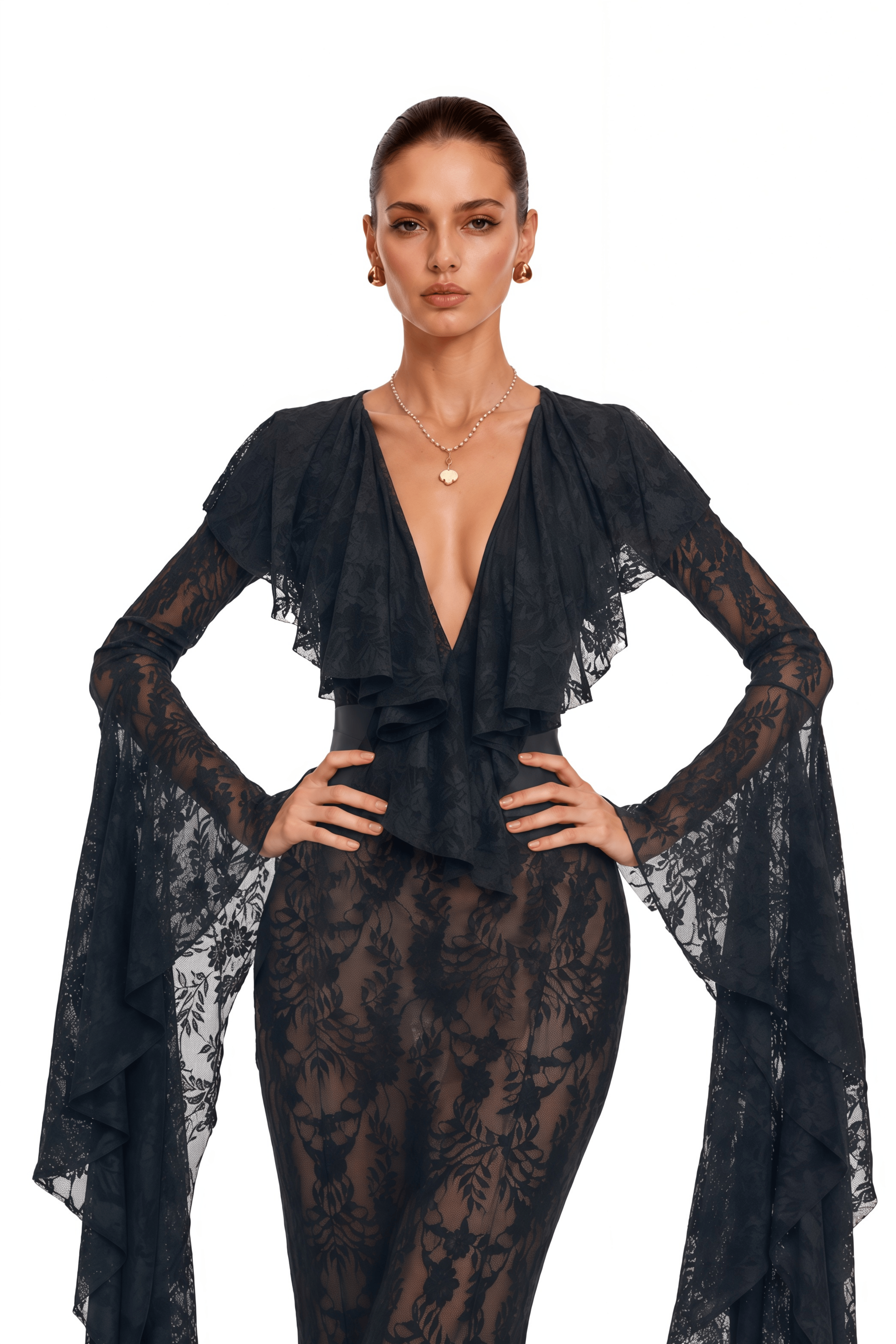 Faelyth Black Plunging Neck Lace Ruffle Maxi Dress