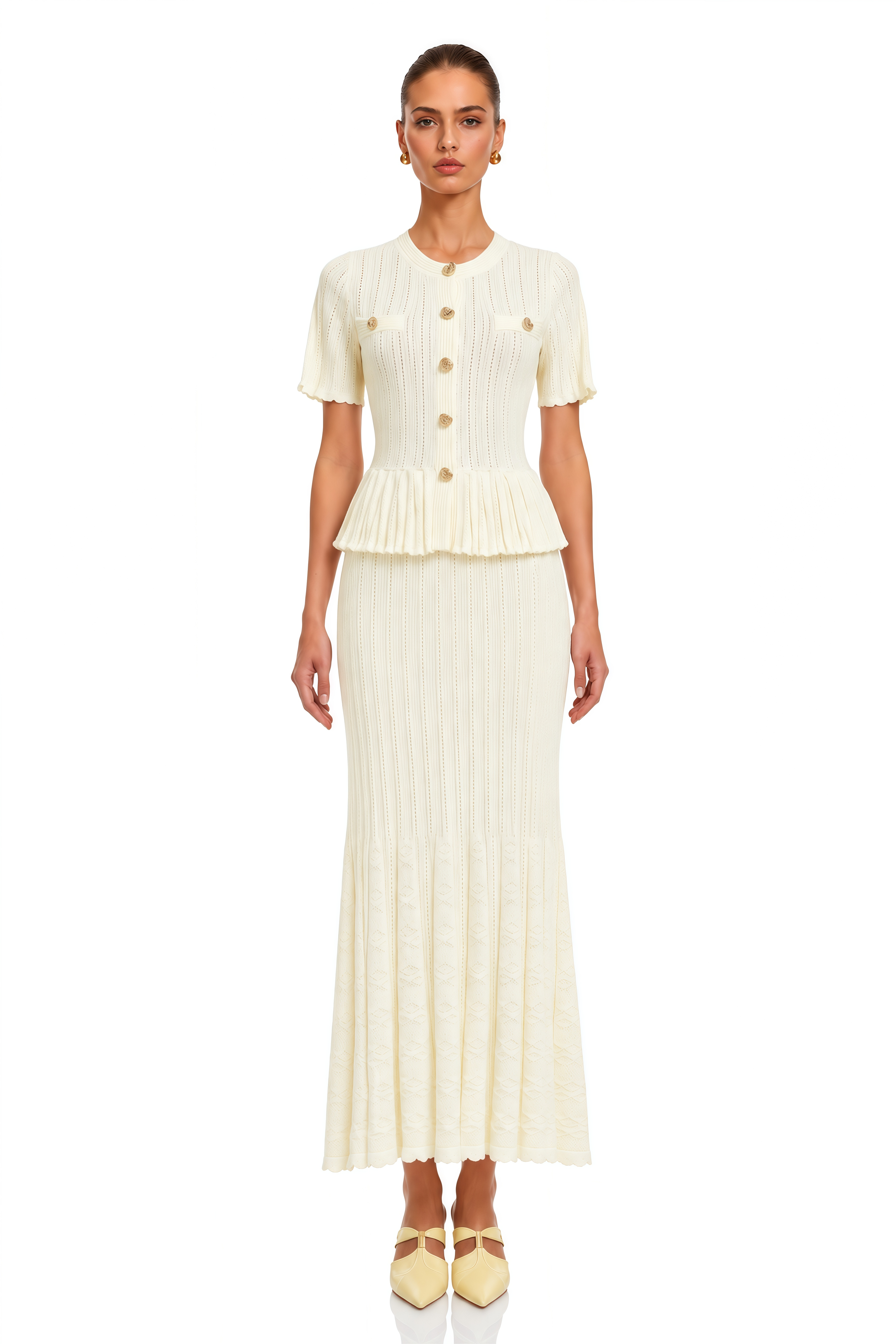 Faigy White Knit Short Sleeve Top & Midi Skirt Set