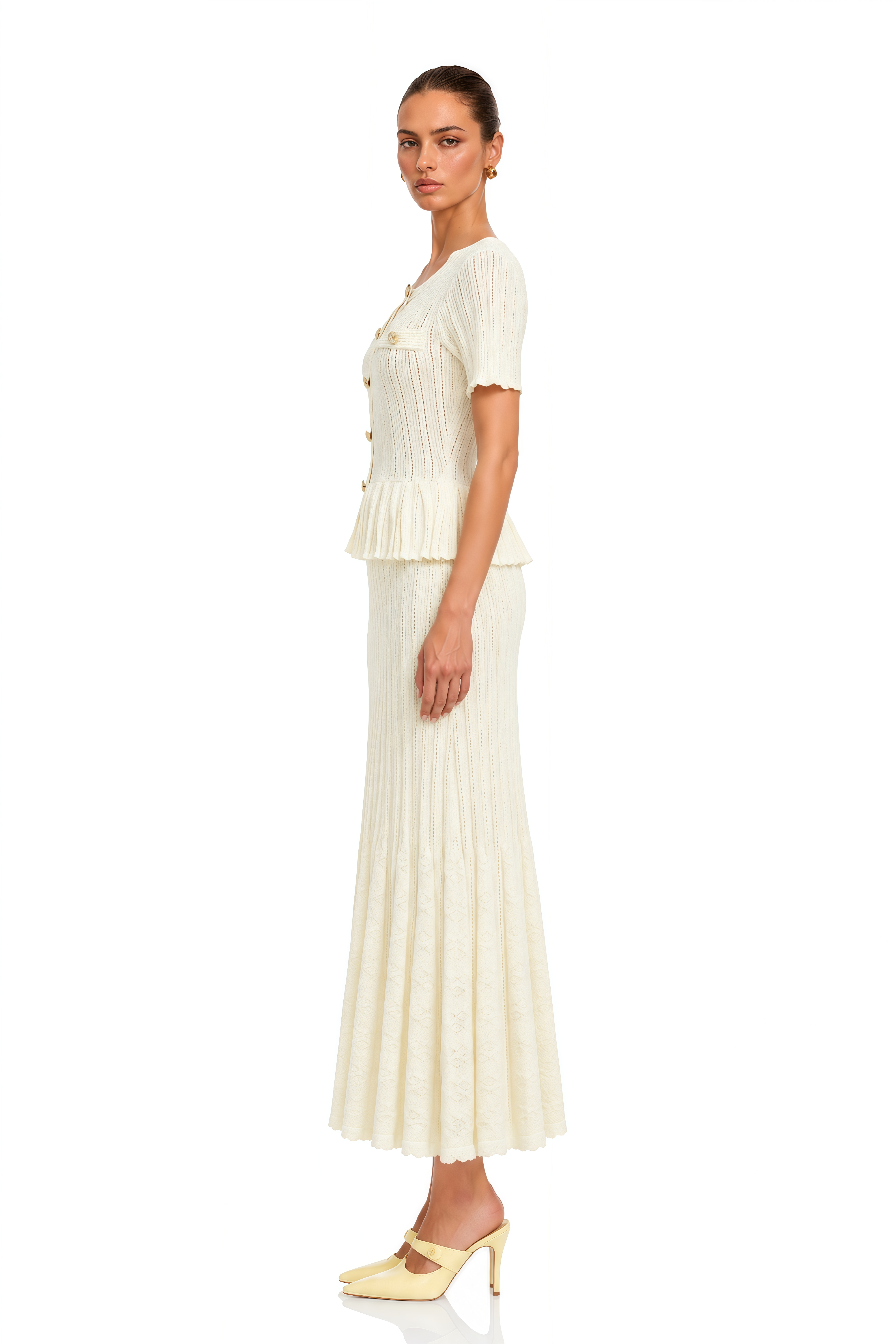 Faigy White Knit Short Sleeve Top & Midi Skirt Set