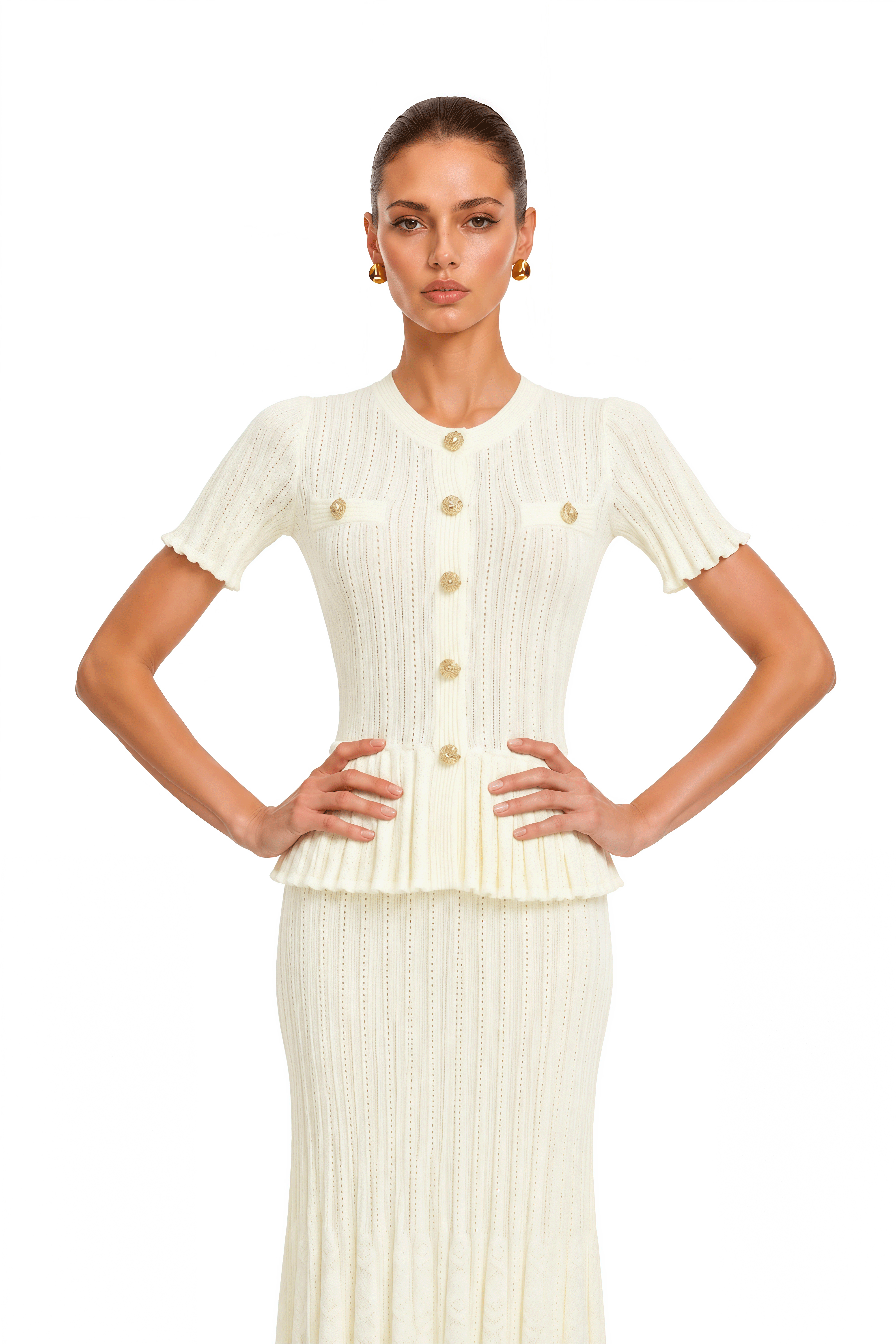 Faigy White Knit Short Sleeve Top & Midi Skirt Set