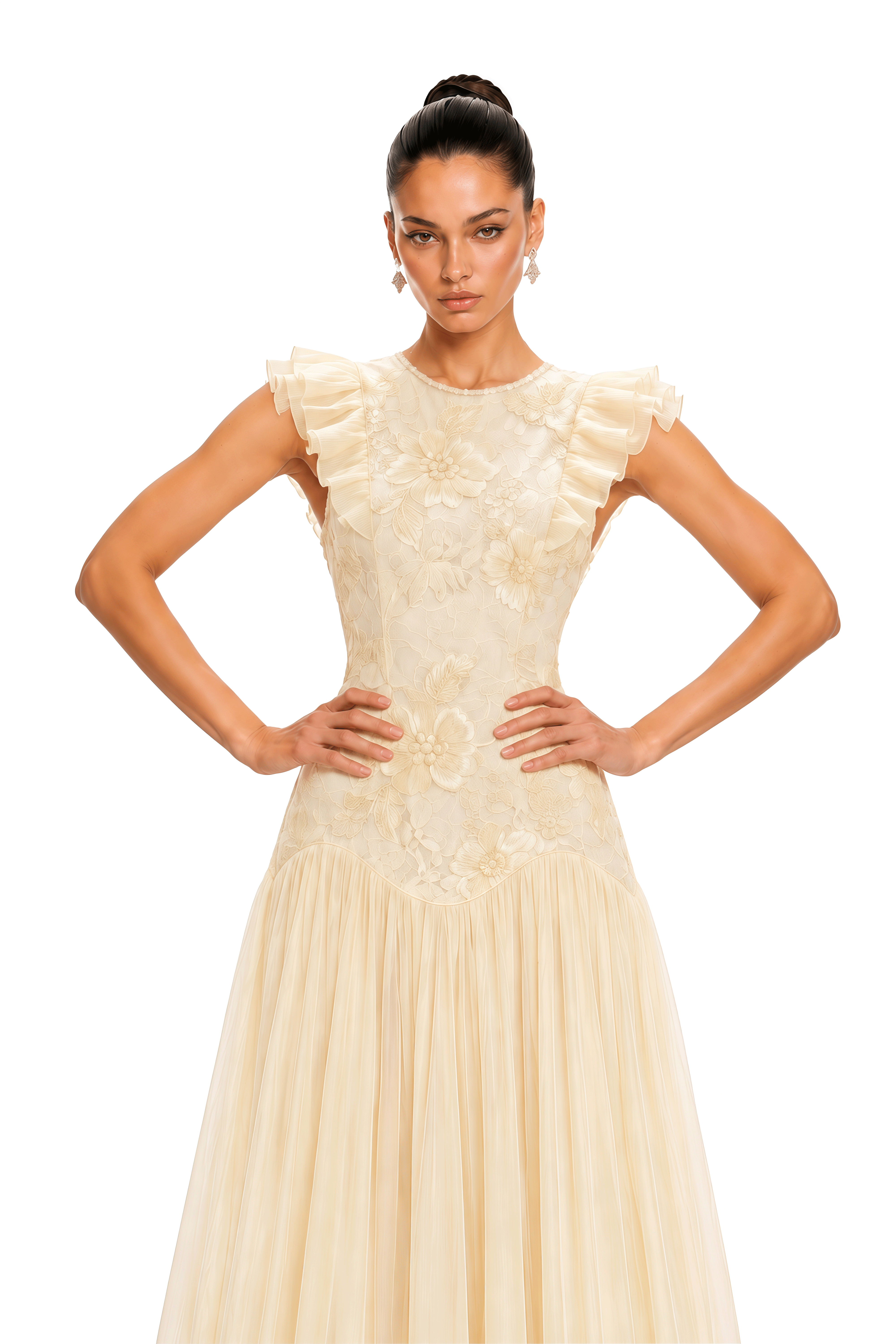 Farheen Yellow Lace Ruffled Sleeve Midi Dress