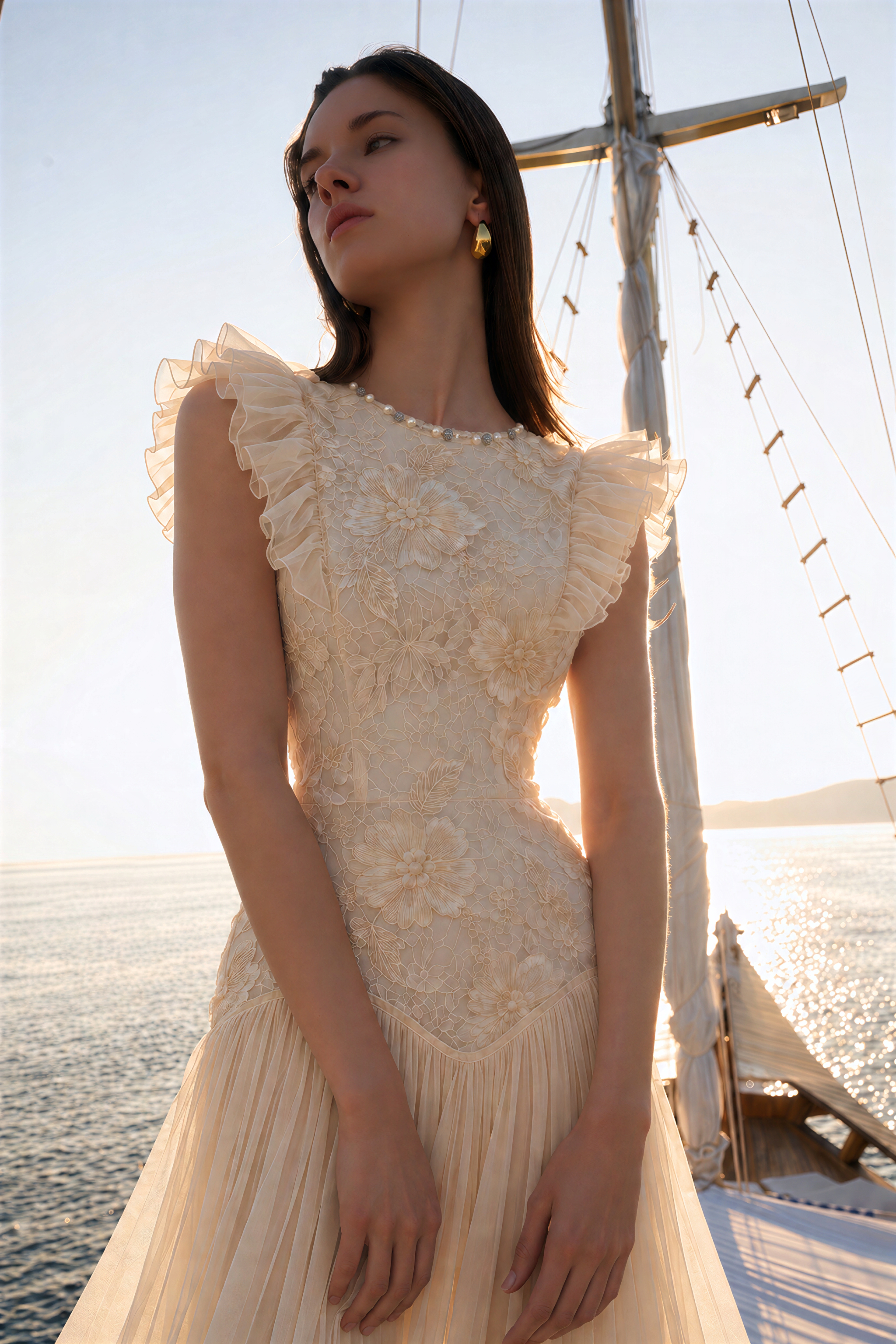 Farheen Yellow Lace Ruffled Sleeve Midi Dress