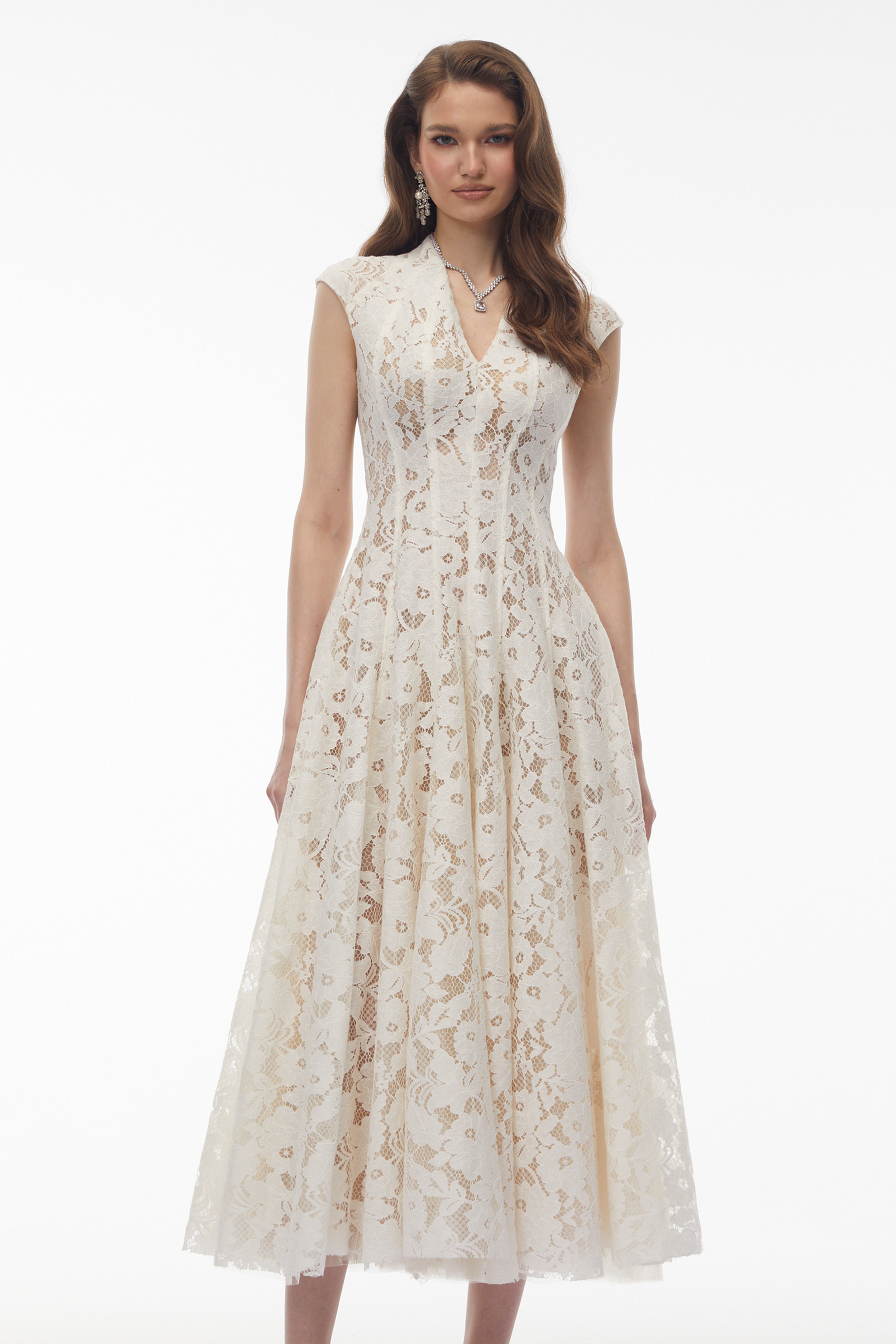 Ivory lace V-neck midi dress with cap sleeves
