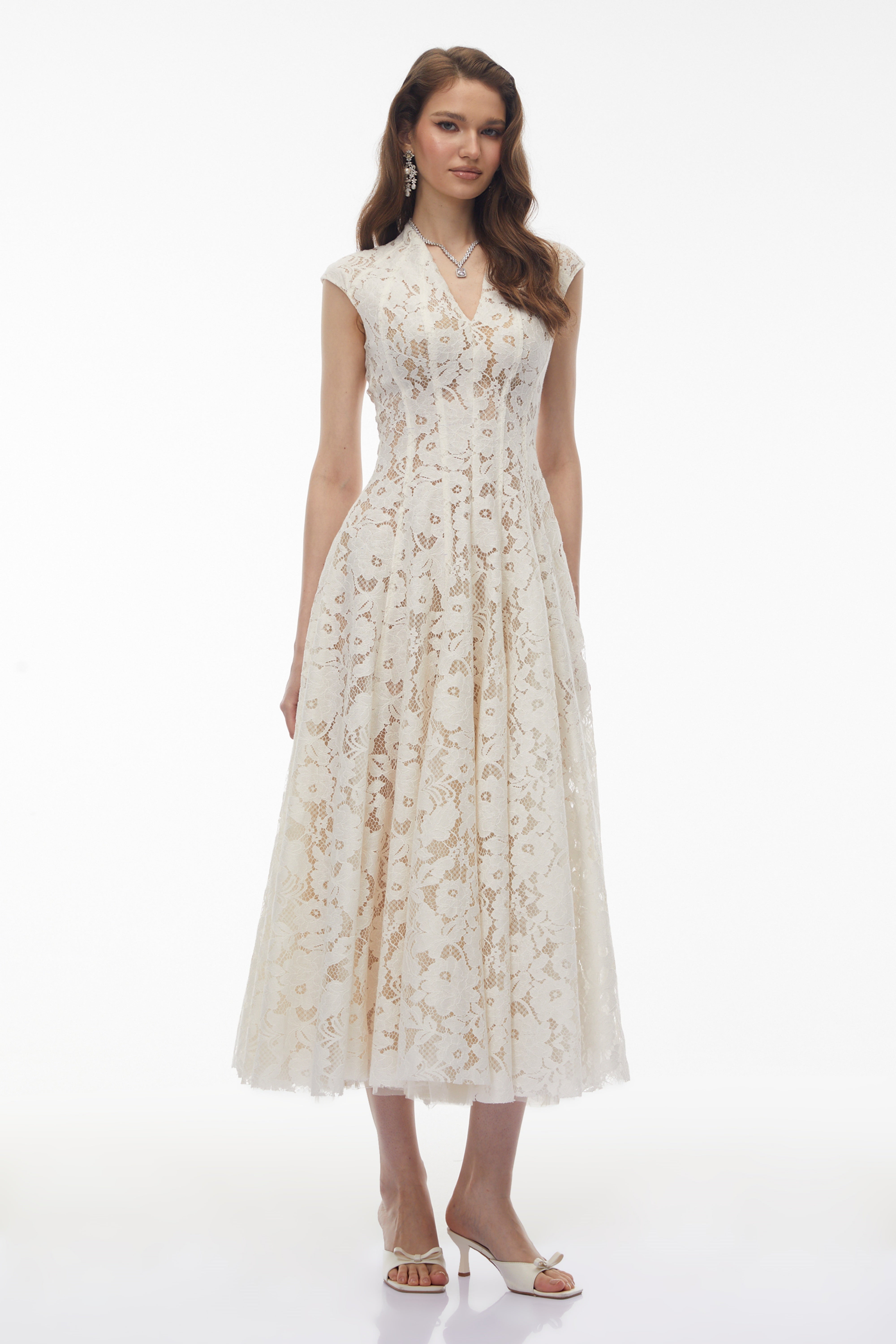 Ivory lace V-neck midi dress with cap sleeves
