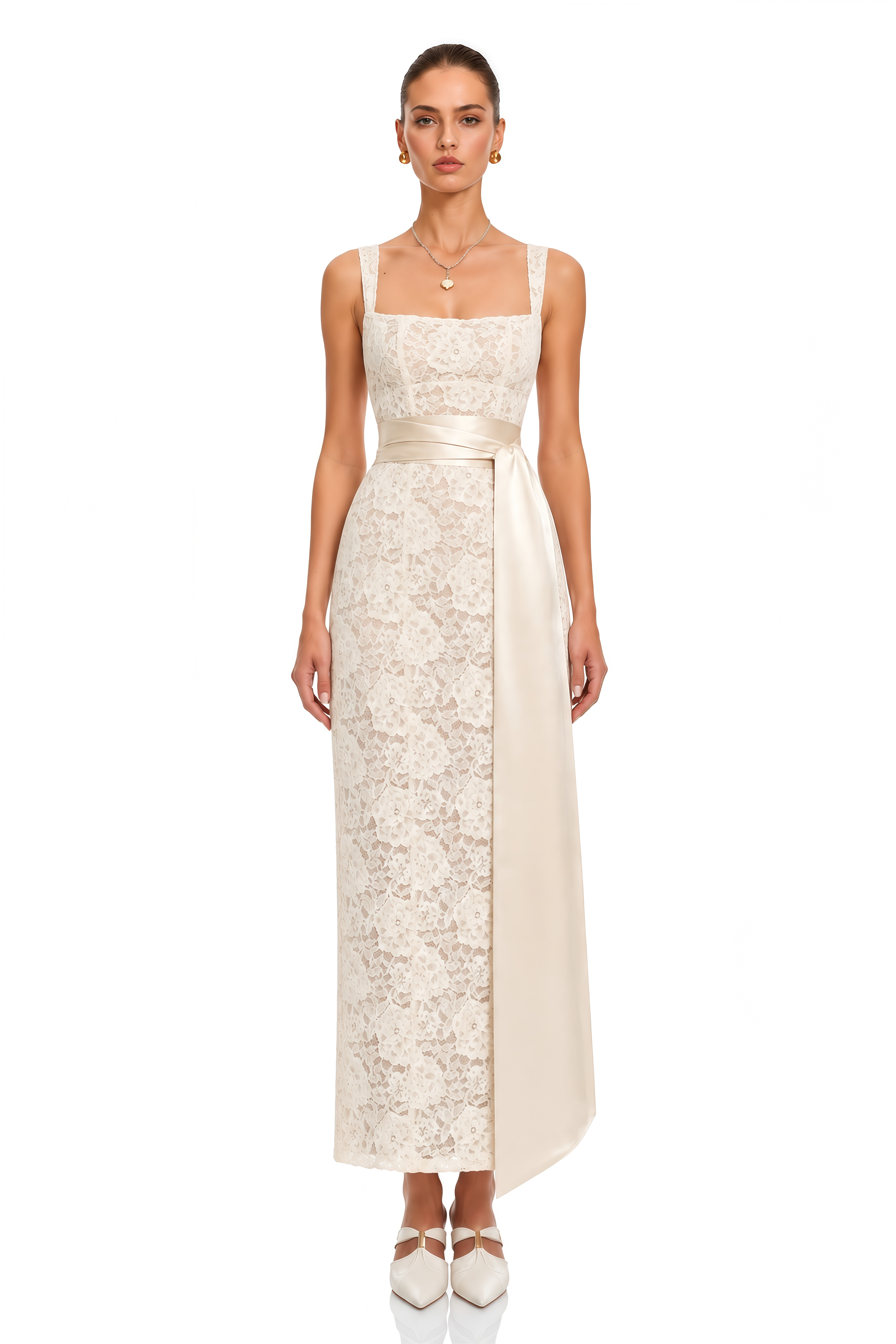 Fatiha White Floral Lace Maxi Dress with Satin Sash