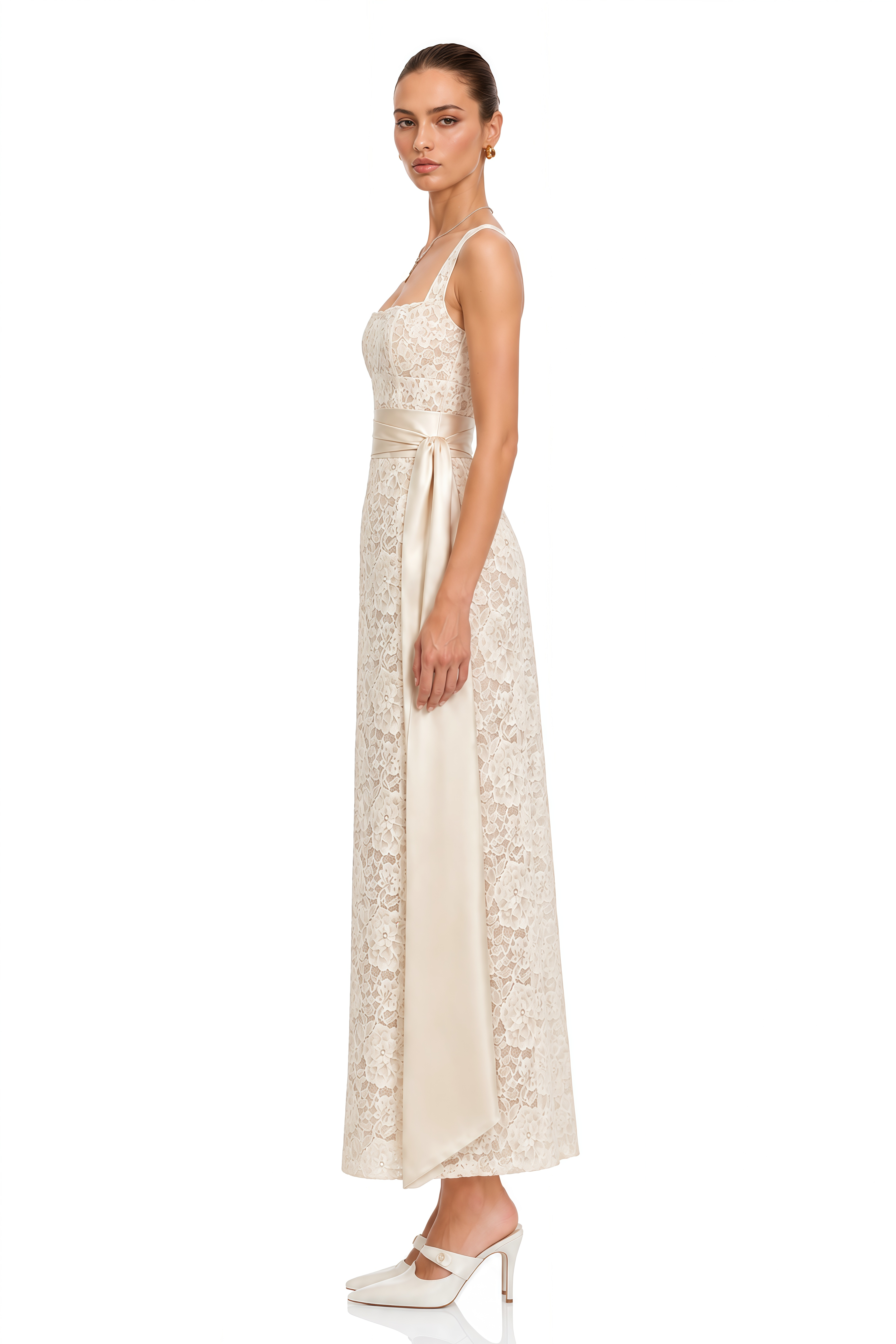 Fatiha White Floral Lace Maxi Dress with Satin Sash