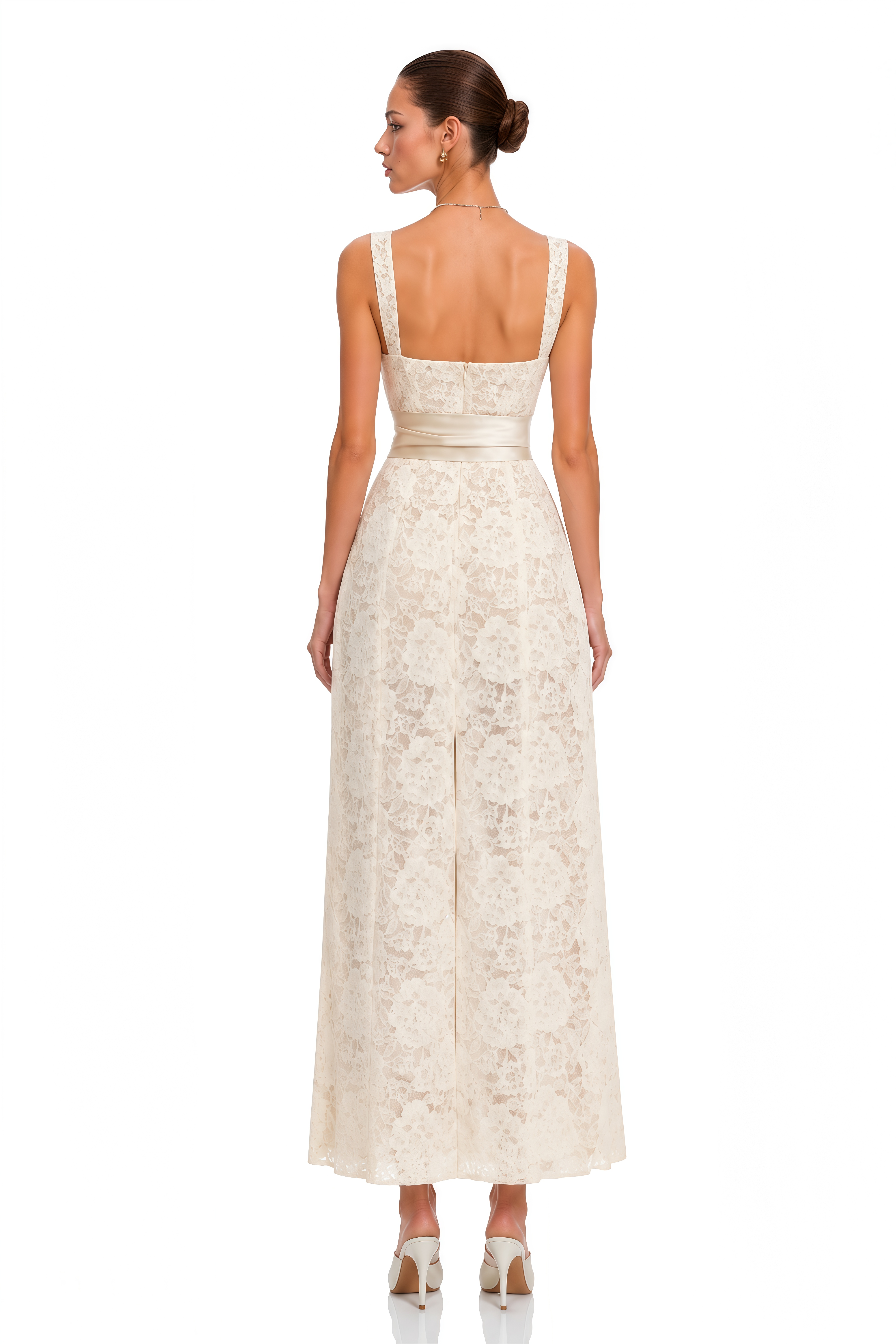 Fatiha White Floral Lace Maxi Dress with Satin Sash