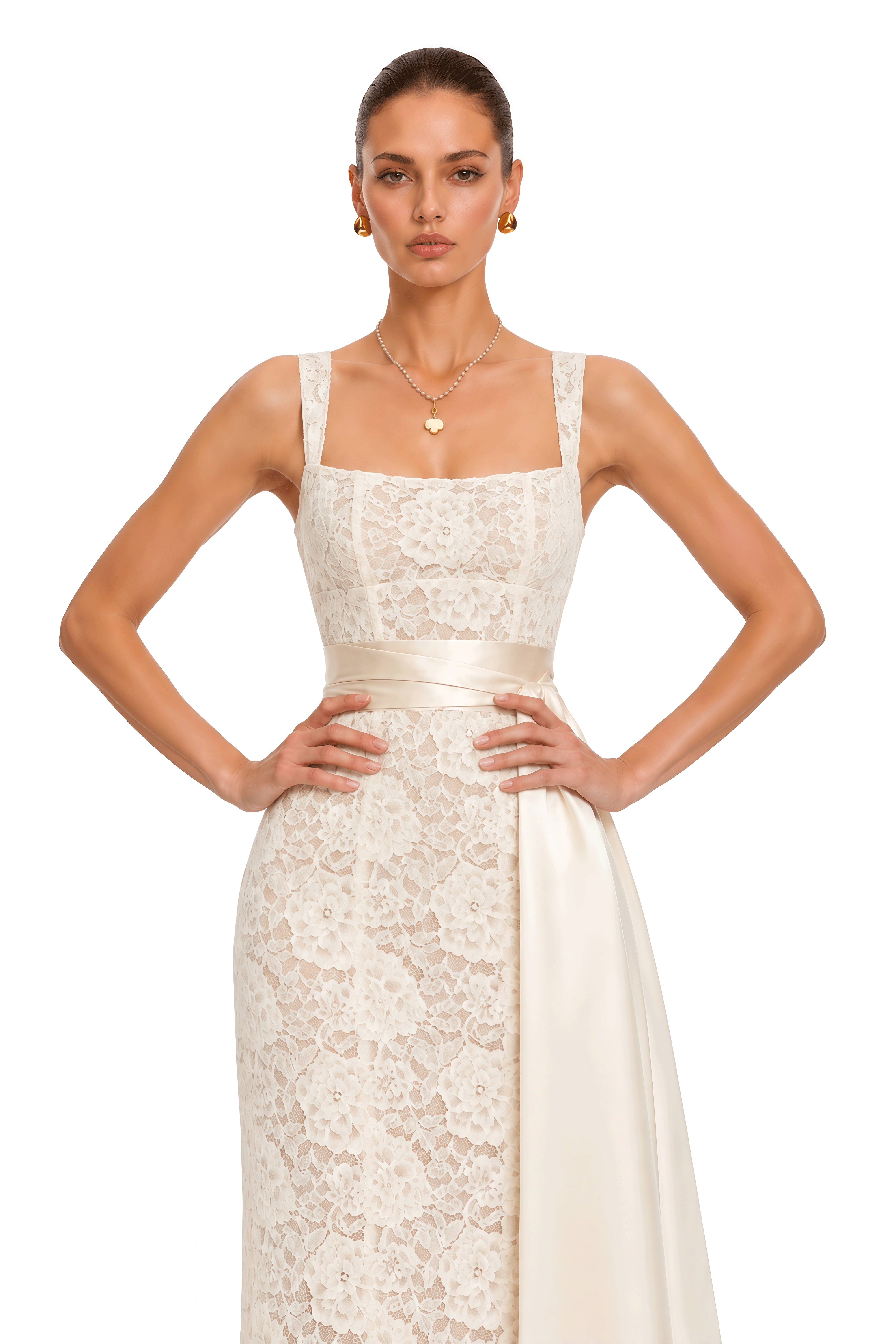 Fatiha White Floral Lace Maxi Dress with Satin Sash