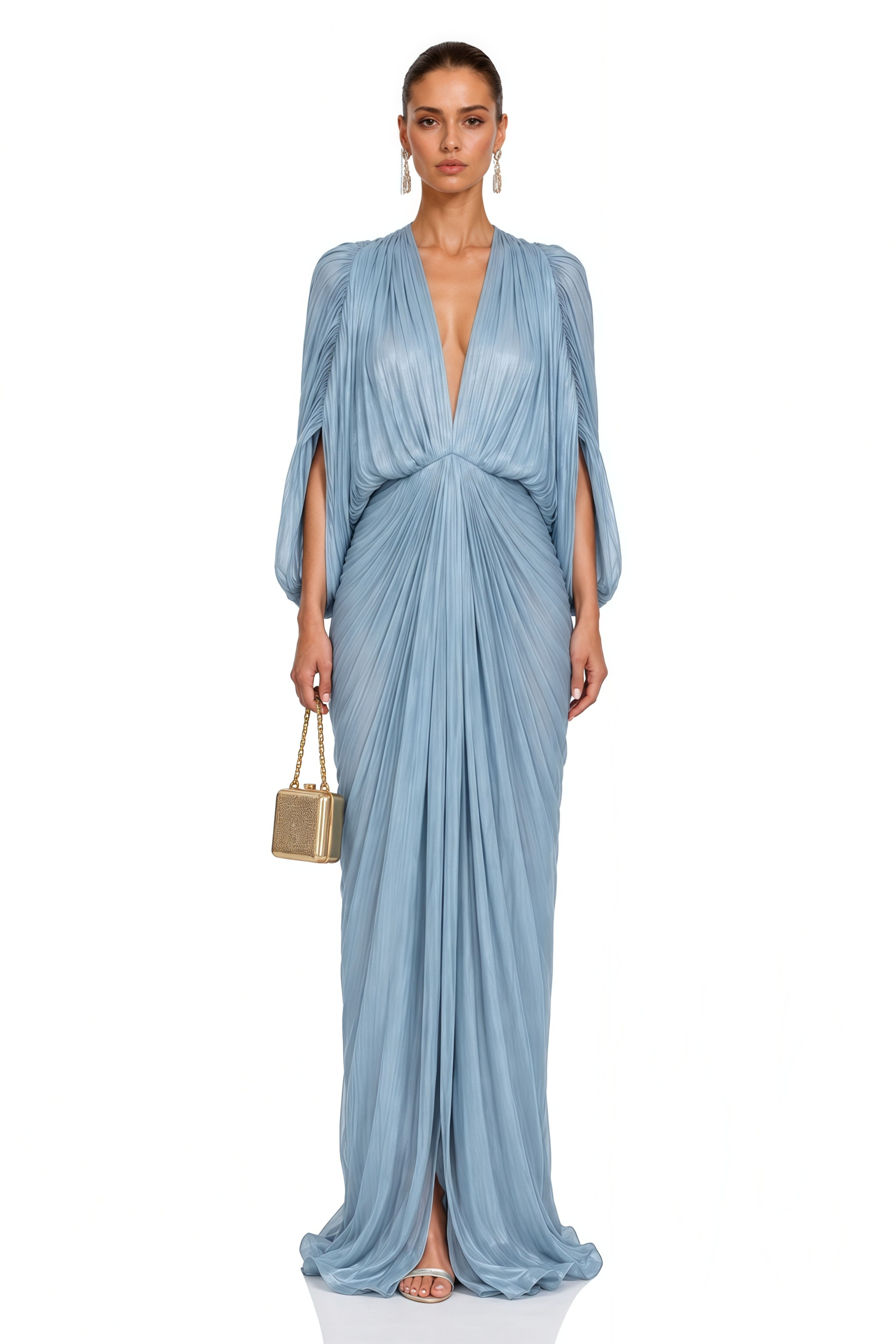 Fatimah Blue Draped Pleated Long Sleeve Maxi Dress