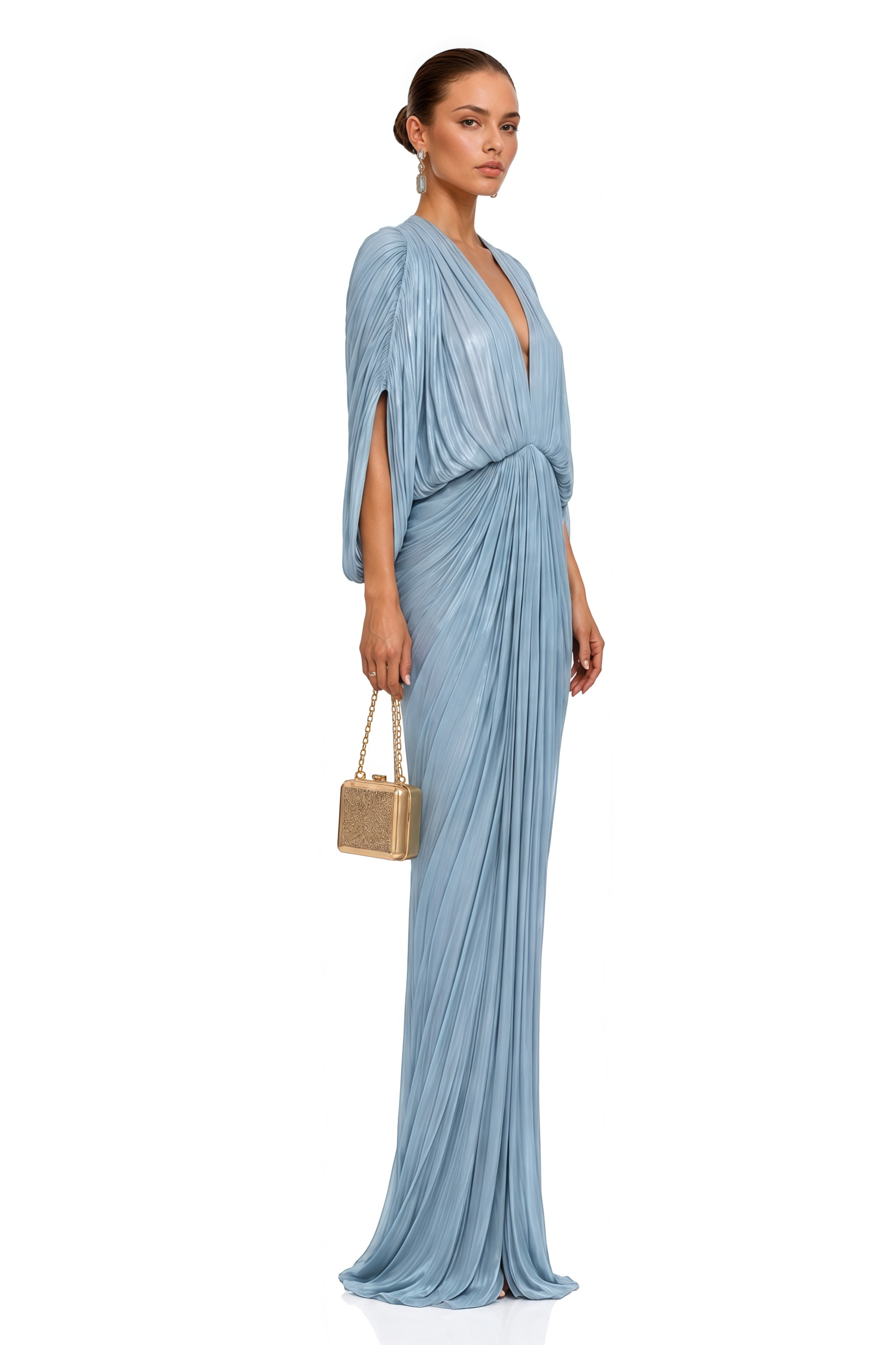 Fatimah Blue Draped Pleated Long Sleeve Maxi Dress