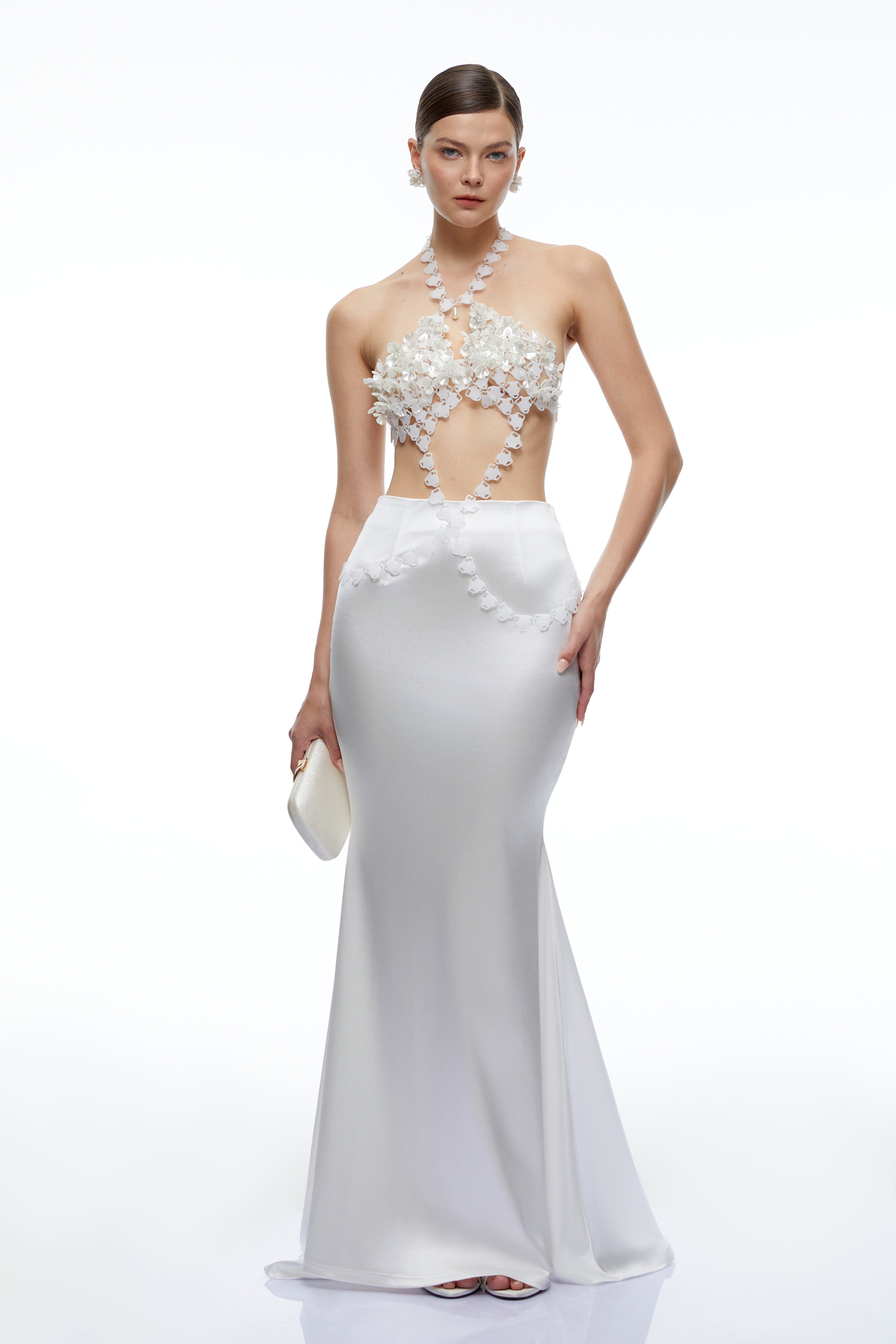 Faye White Halterneck Top & Skirt Set with Floral Applique