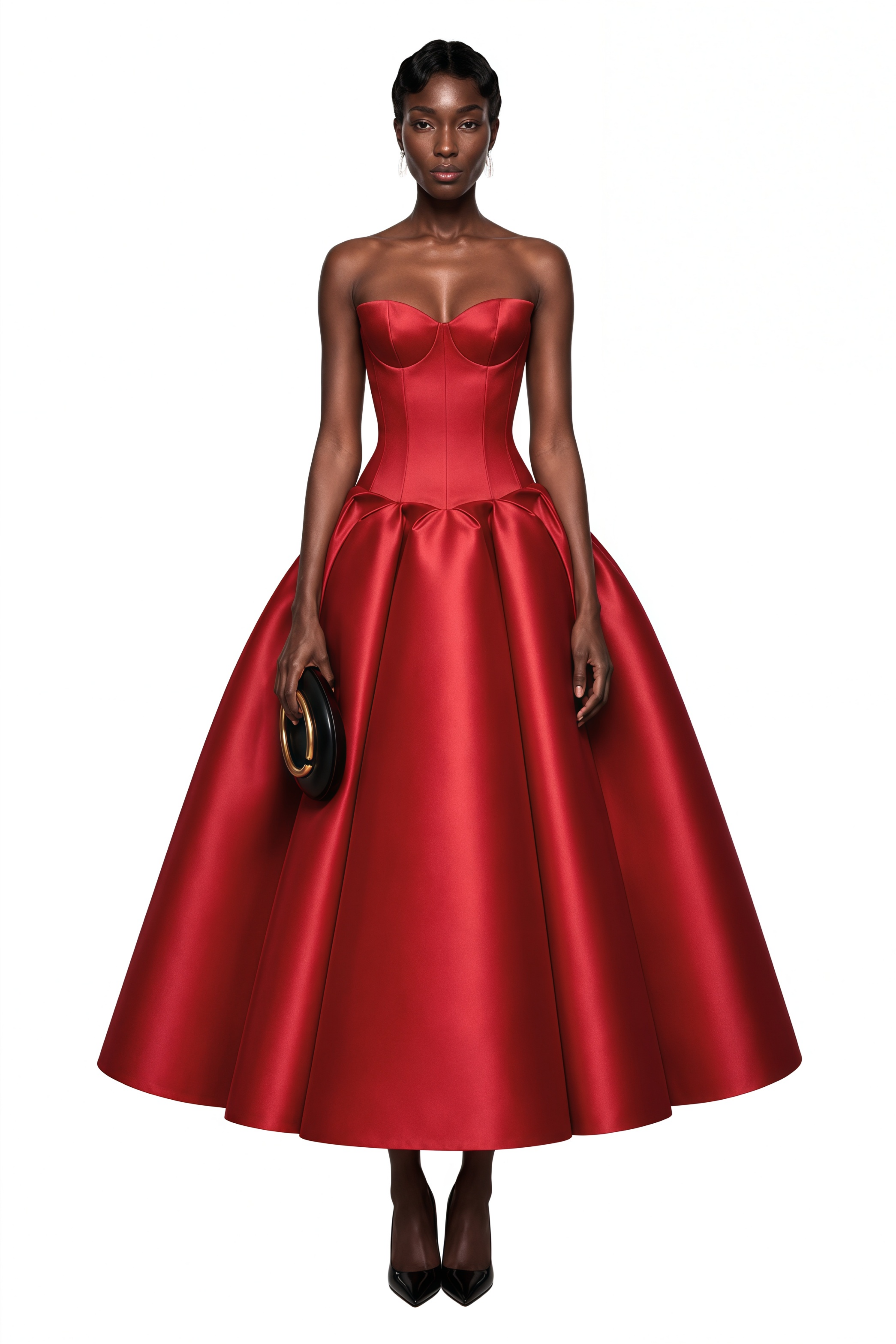 Red satin strapless midi dress featuring a structured corset bodice and a voluminous pleated ballgown skirt