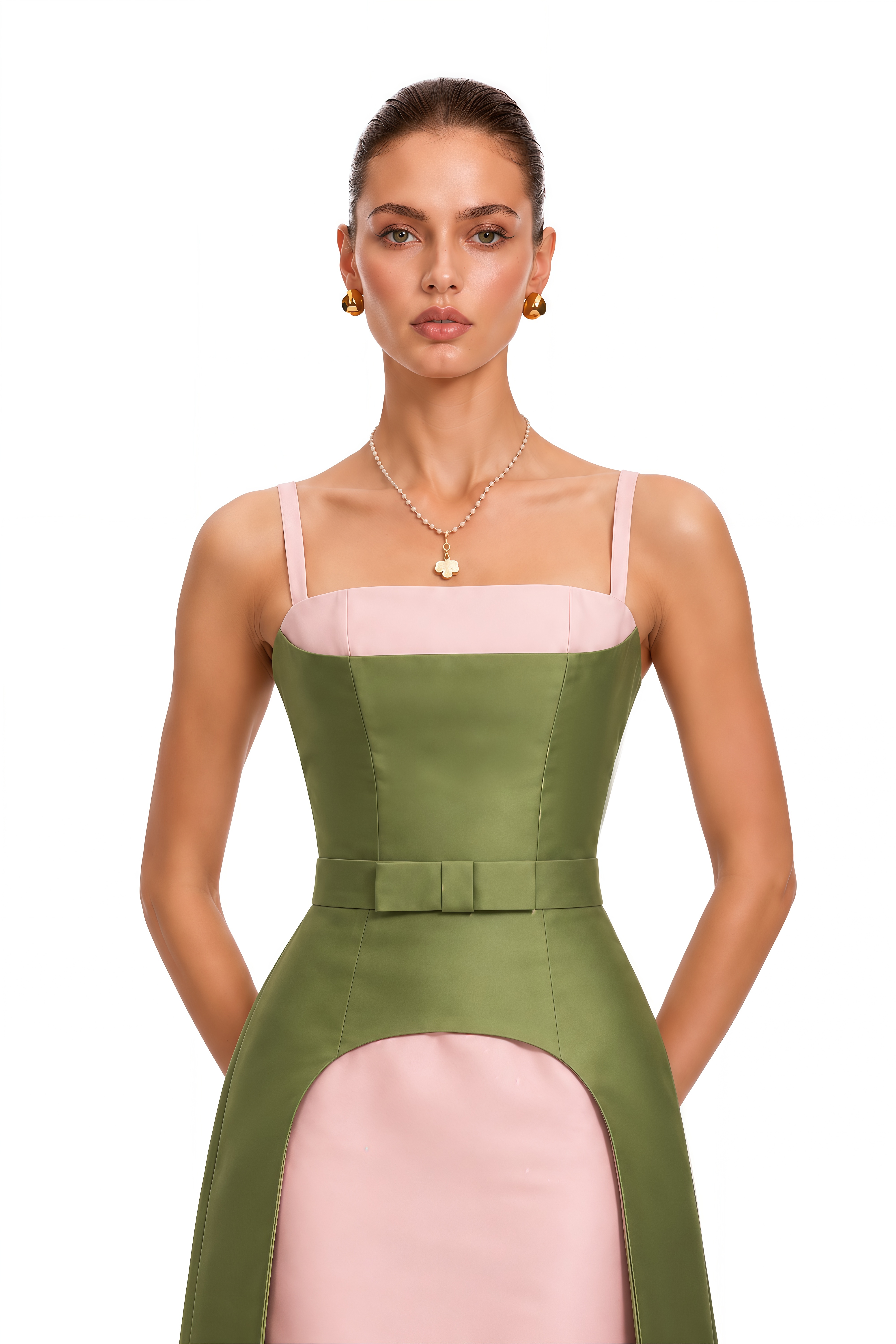 Felismina Olive Green & Pink Color Block Bow Maxi Dress