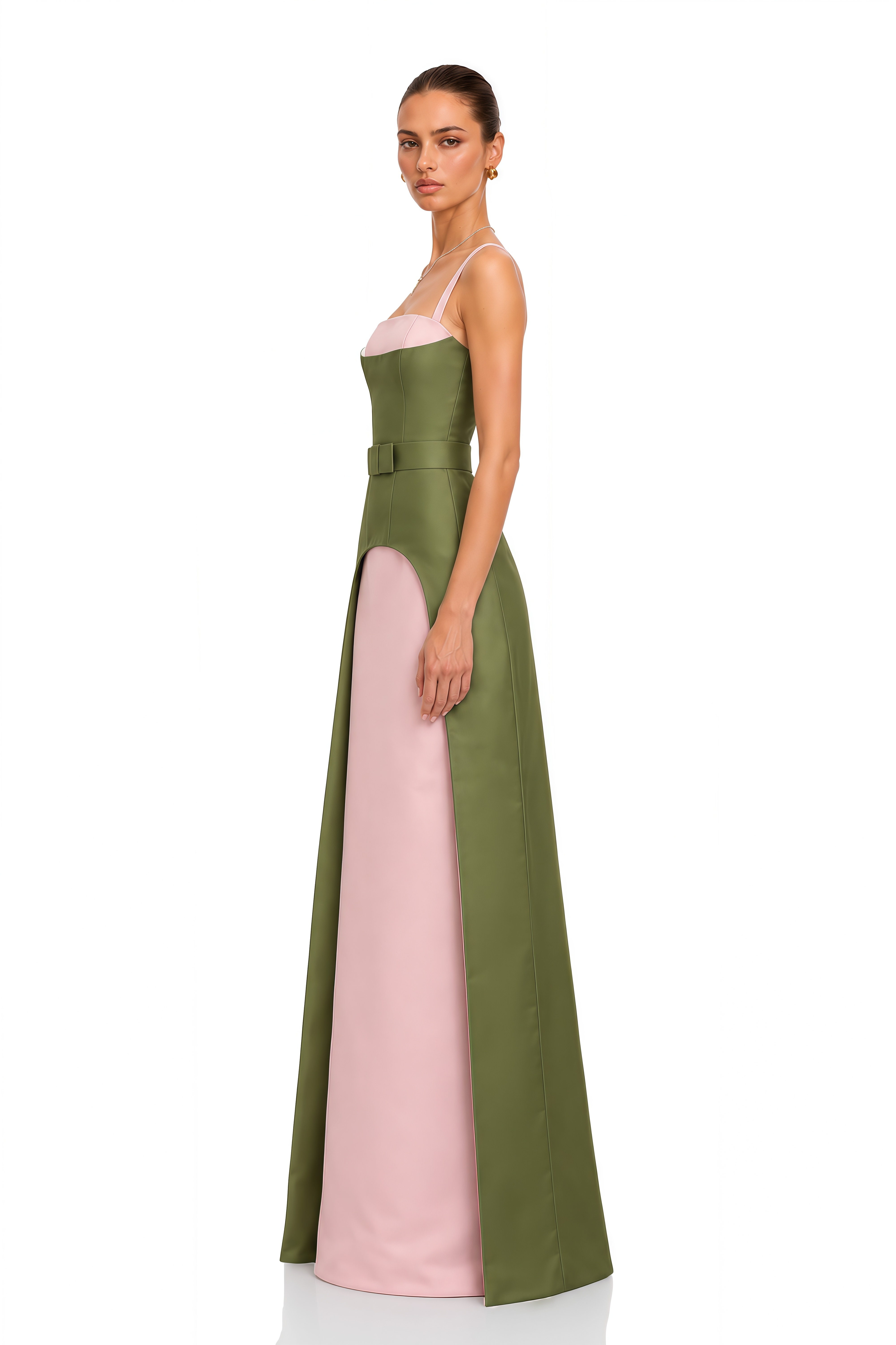 Felismina Olive Green & Pink Color Block Bow Maxi Dress