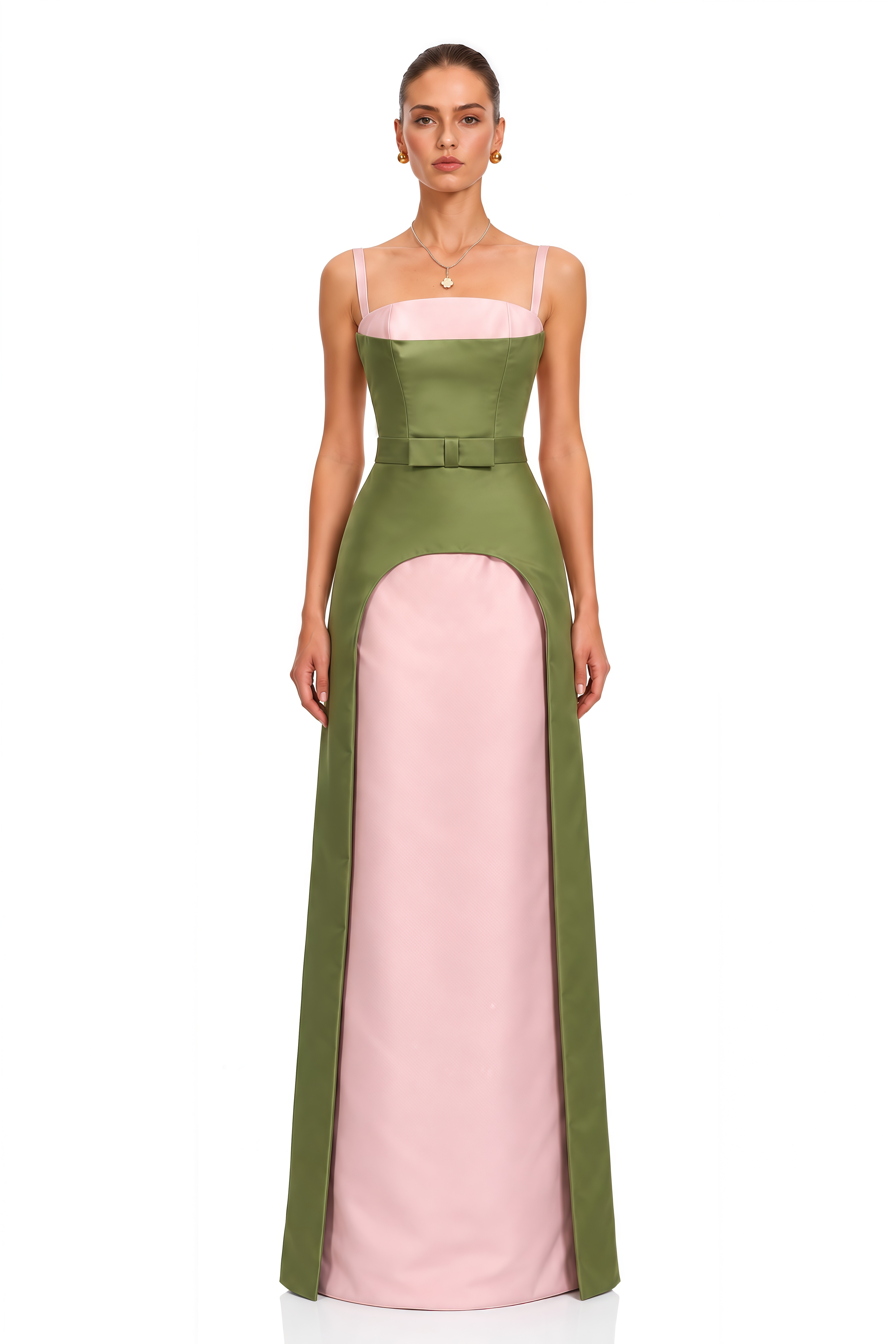 Felismina Olive Green & Pink Color Block Bow Maxi Dress