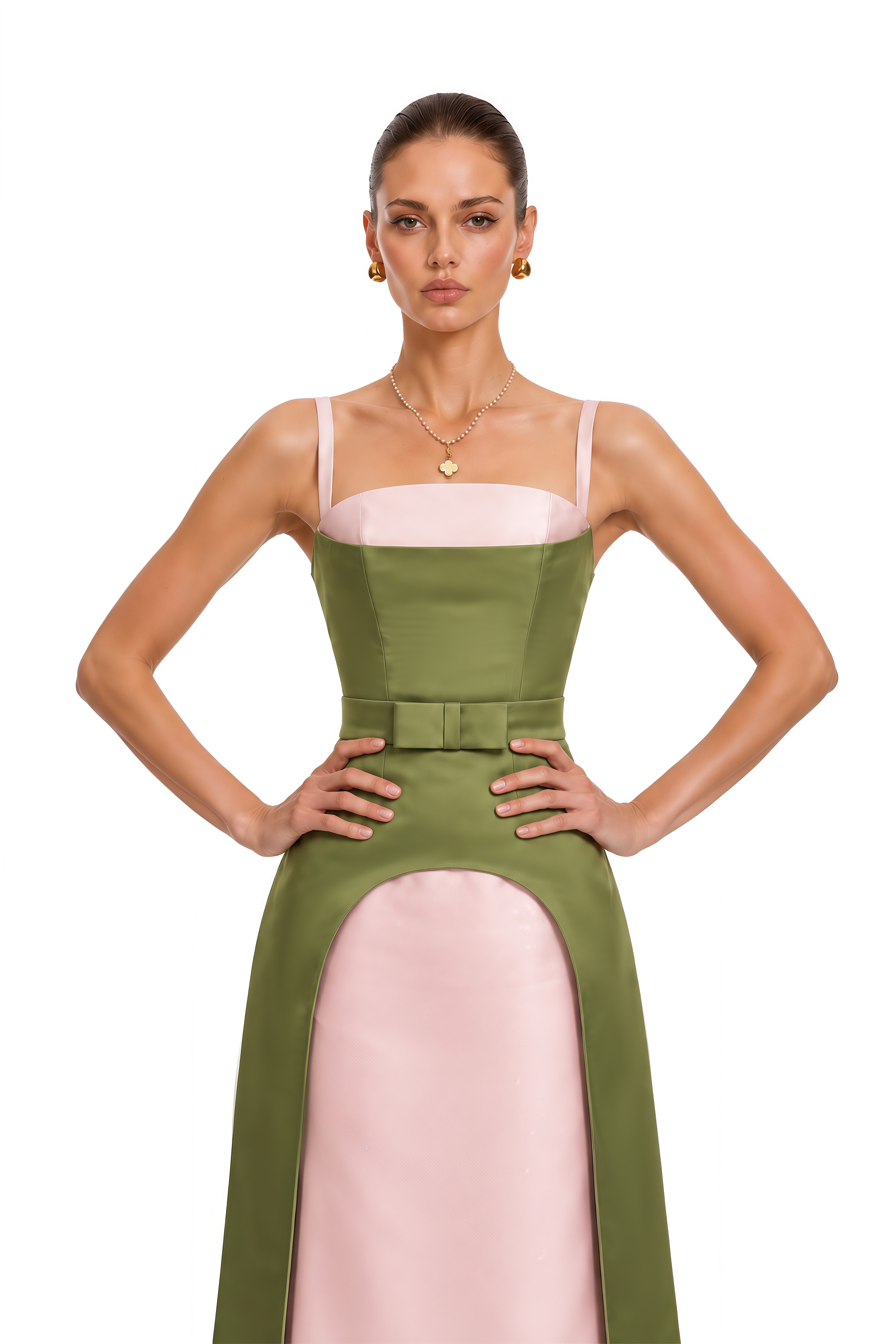 Felismina Olive Green & Pink Color Block Bow Maxi Dress
