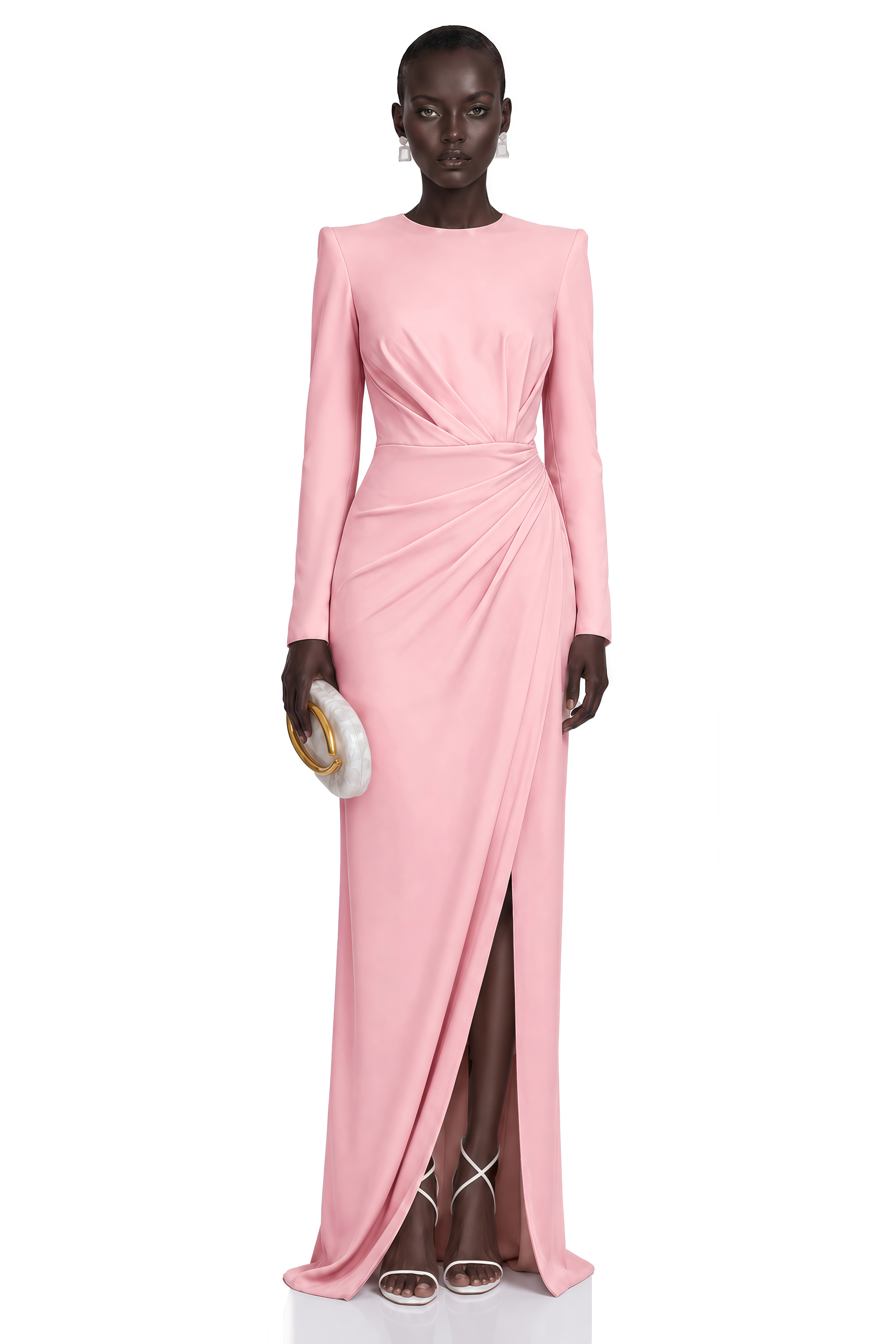 Feriha Pink Ruched Maxi Dress with High Slit