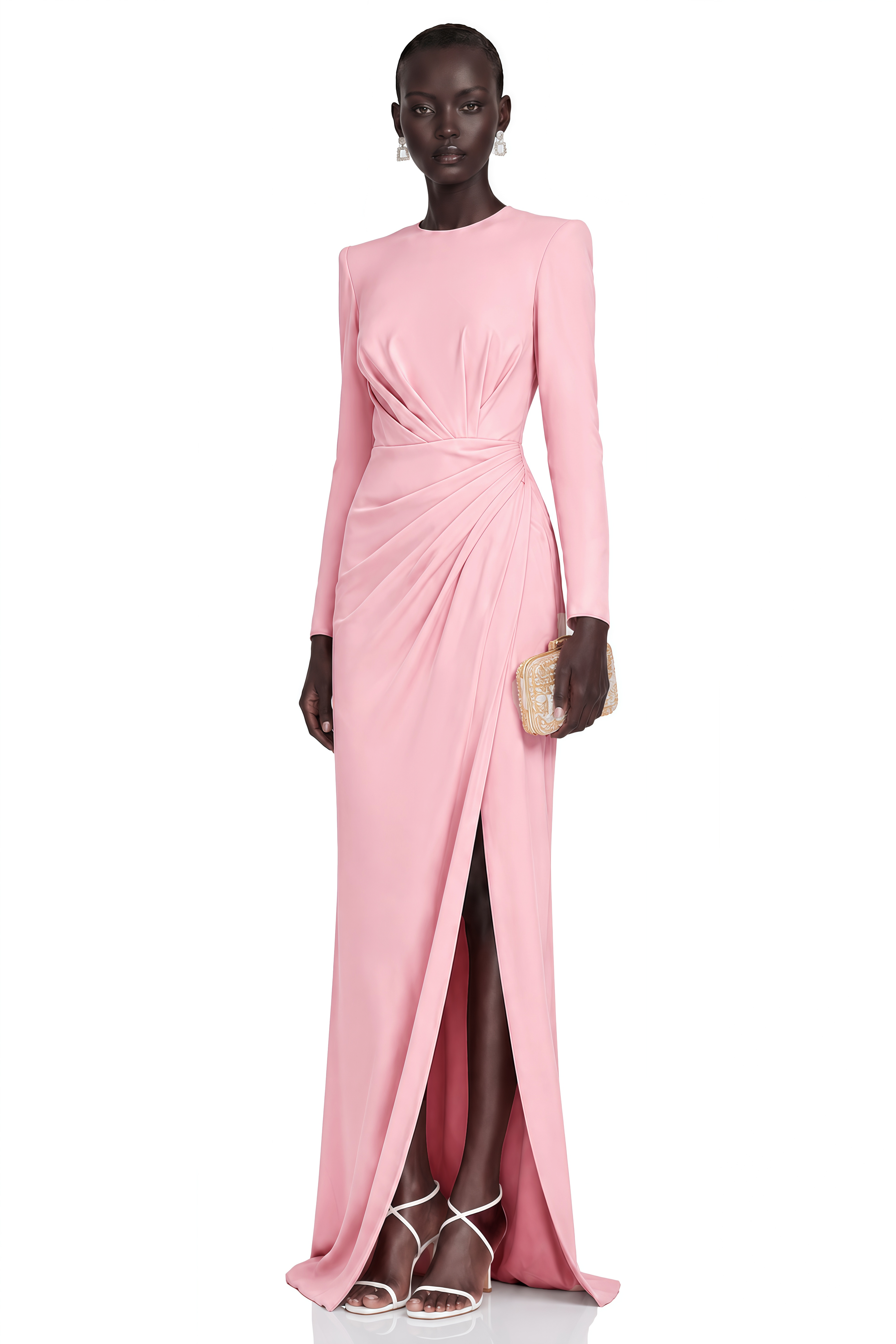 Feriha Pink Ruched Maxi Dress with High Slit