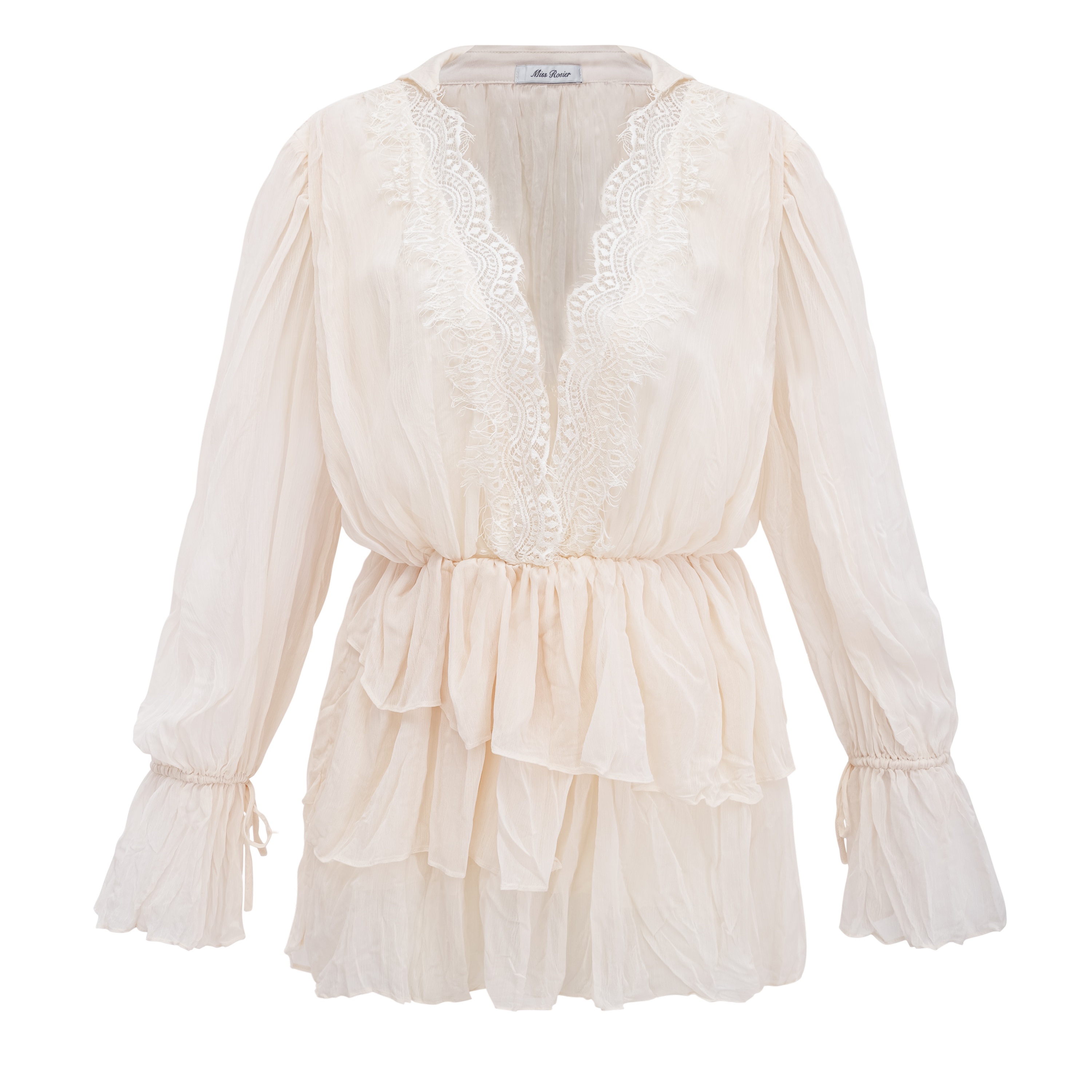 Fernanda Cream Ruched Mini Dress with Lace Trim