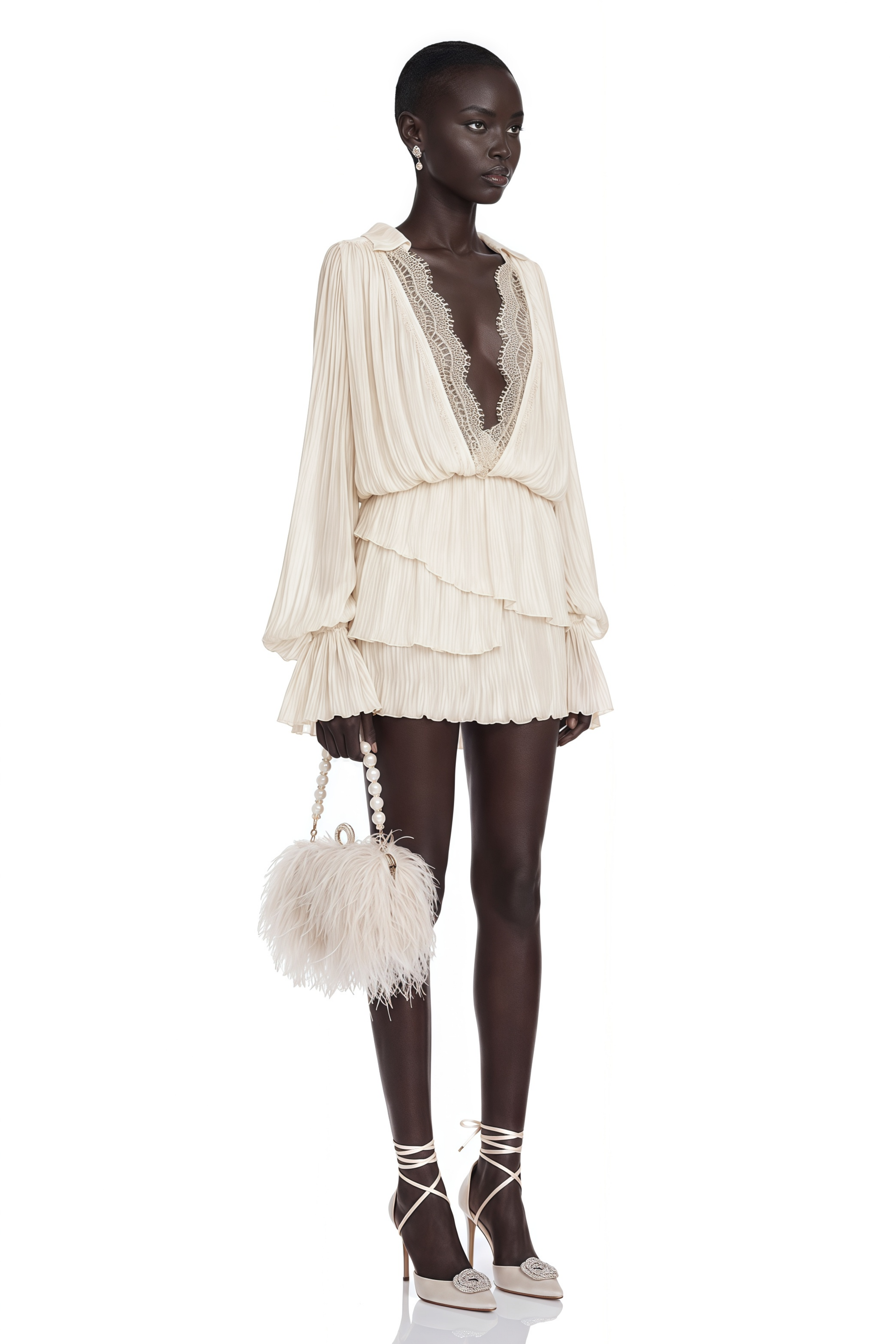 Ivory long-sleeve pleated mini dress with a lace-trimmed deep V-neckline