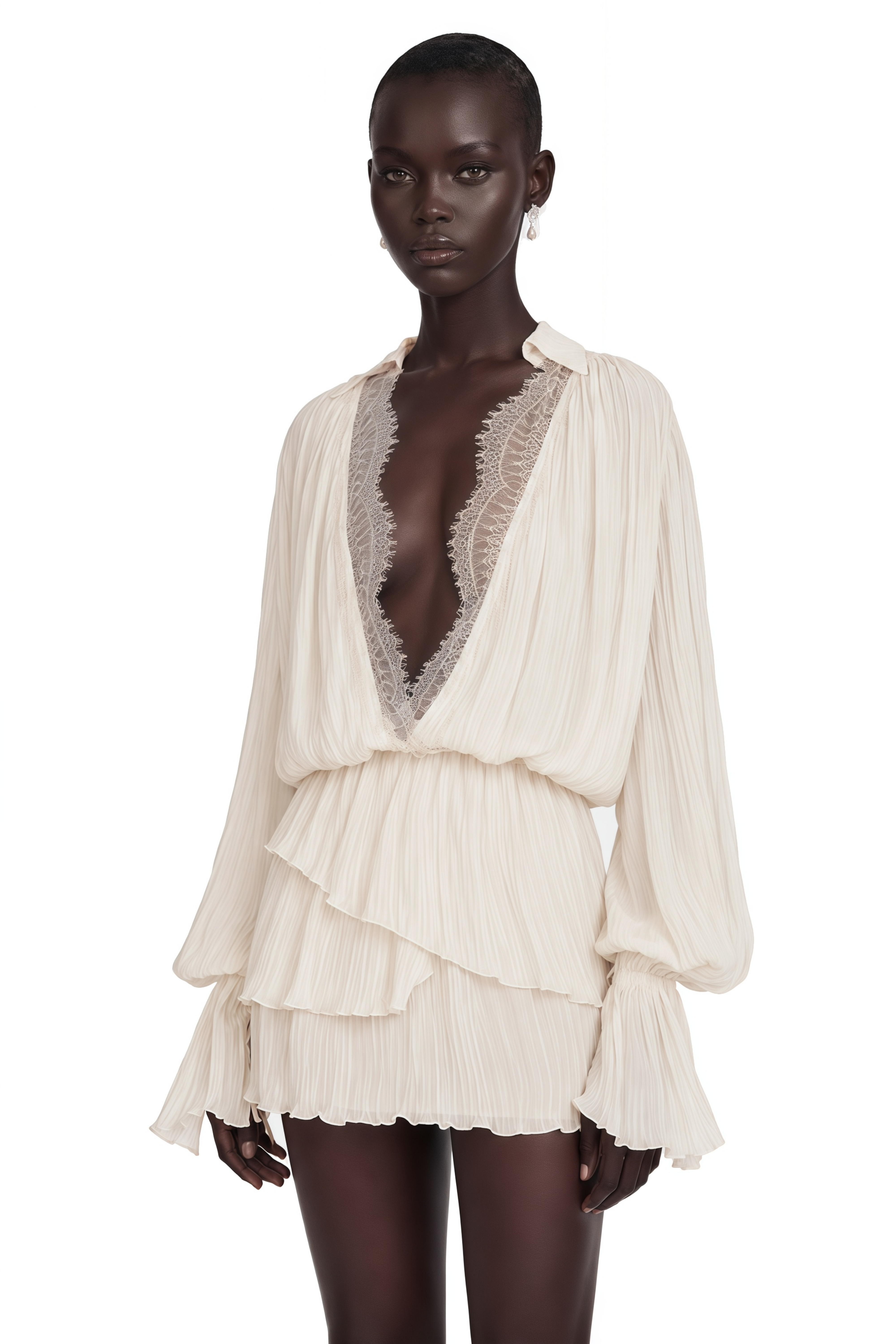 Ivory long-sleeve pleated mini dress with a lace-trimmed deep V-neckline