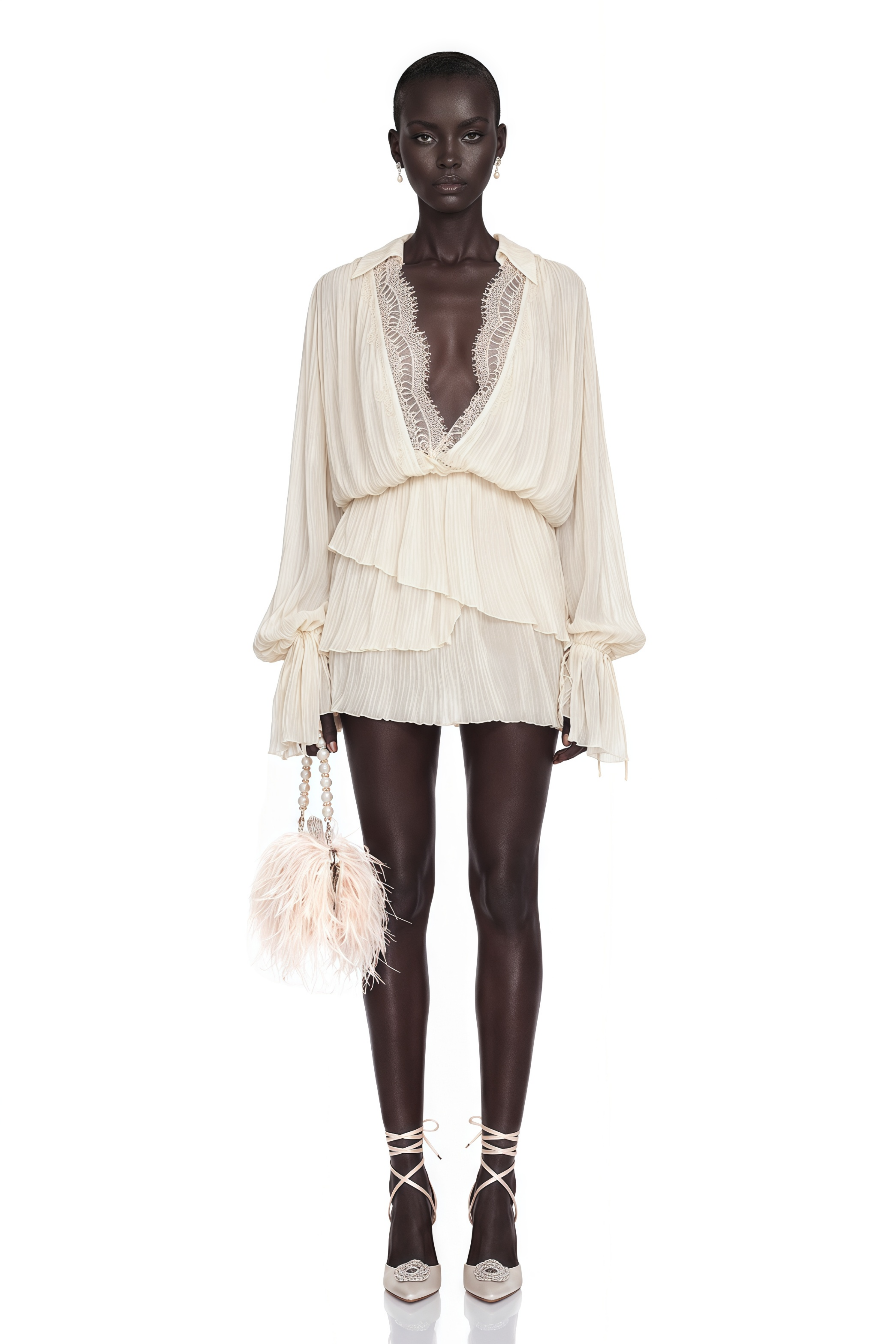 Ivory long-sleeve pleated mini dress with a lace-trimmed deep V-neckline