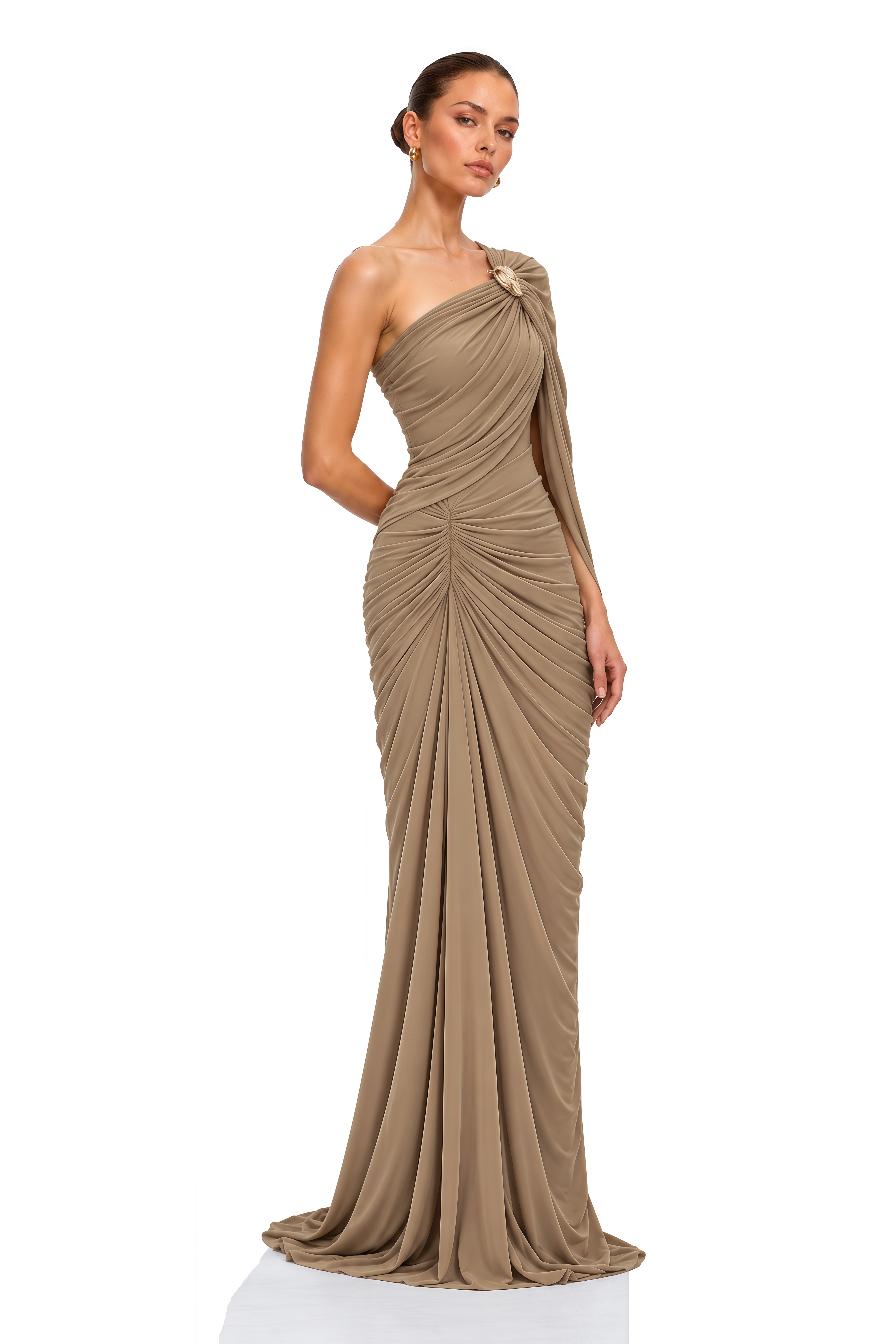 Fiammetta Khaki Draped One Shoulder Maxi Dress