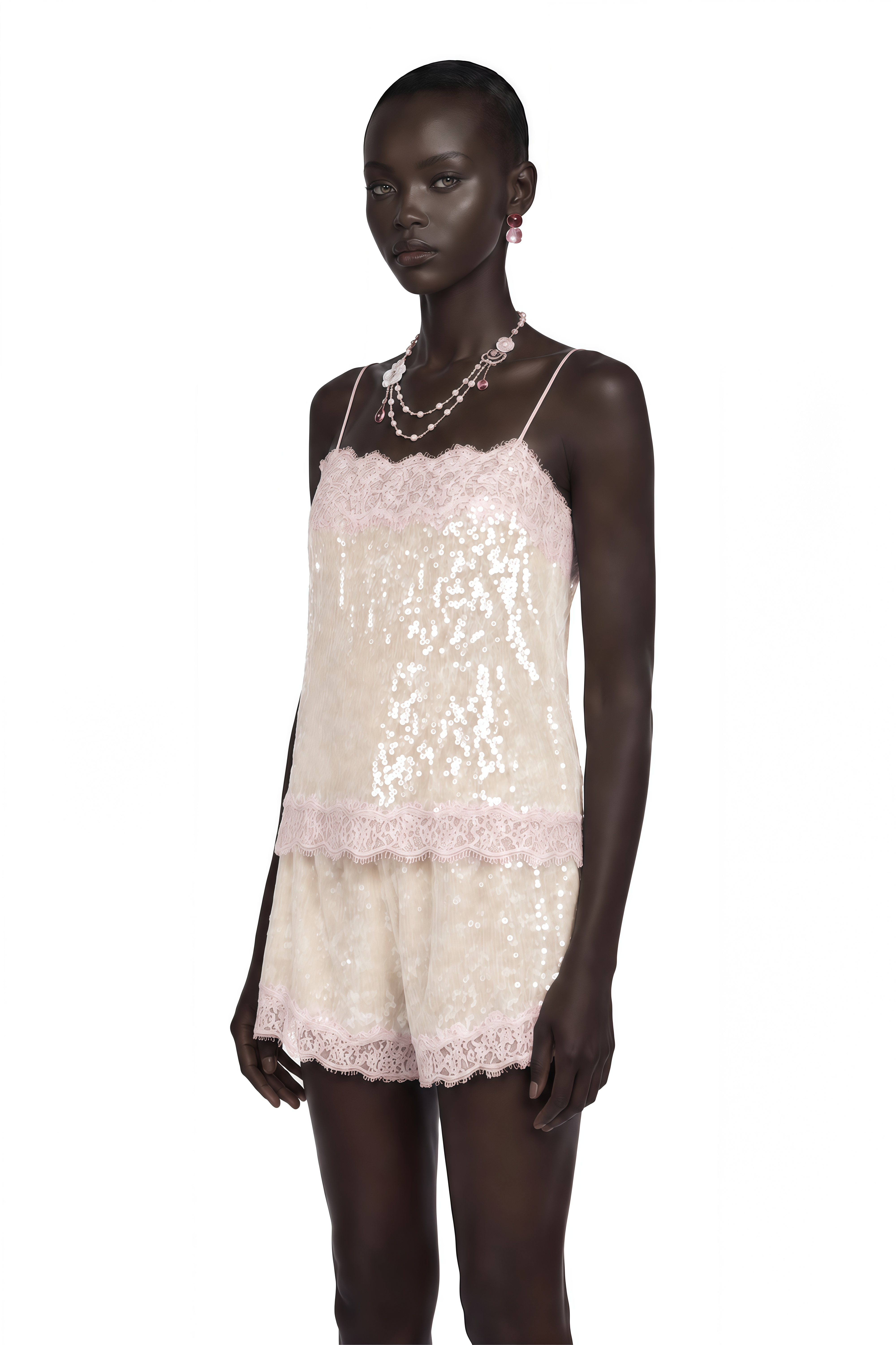 Fiona Neutral Sequin Top & Shorts Set with Lace Trim