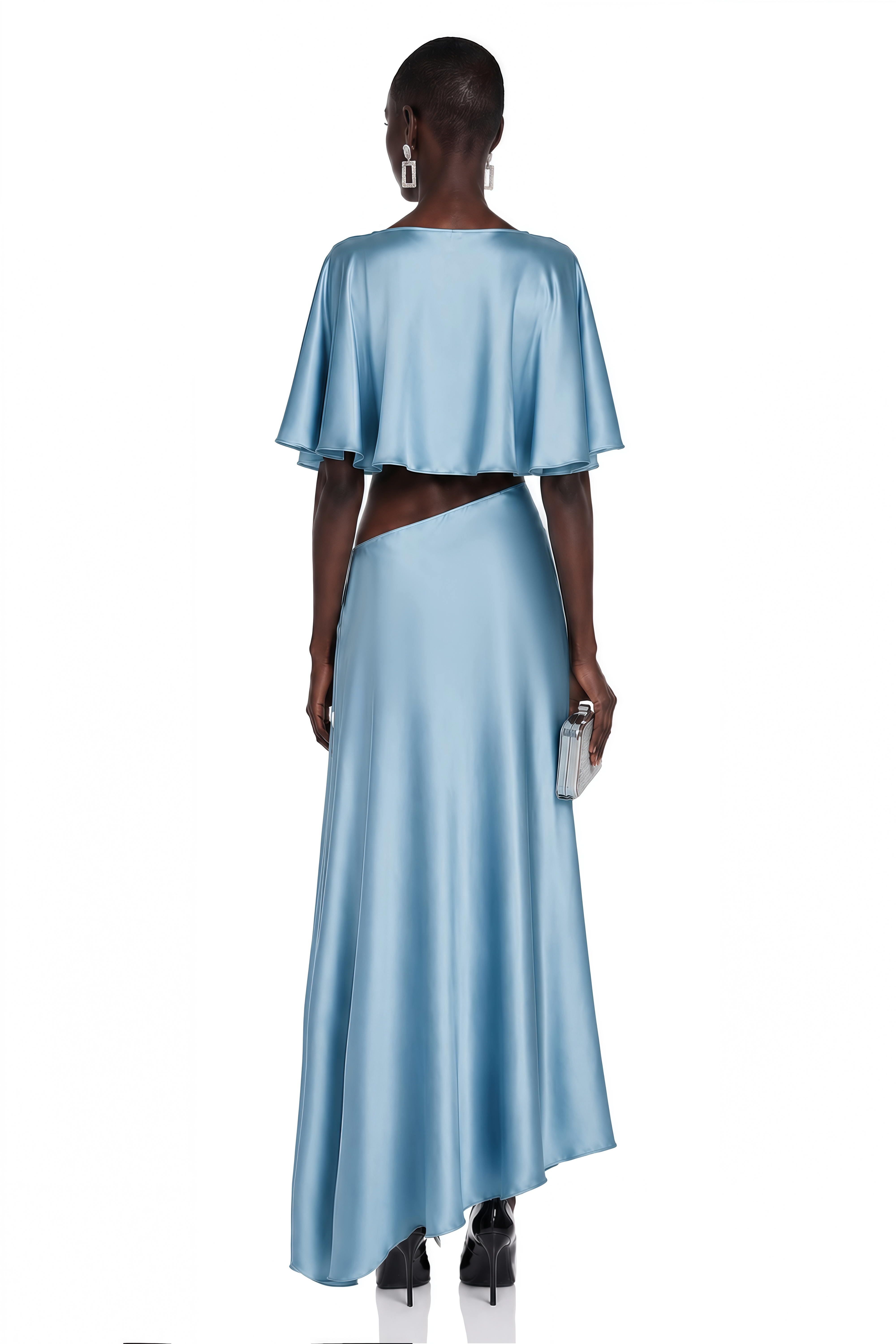 Light blue satin maxi dress with a ruffled cape overlay and waist cutout