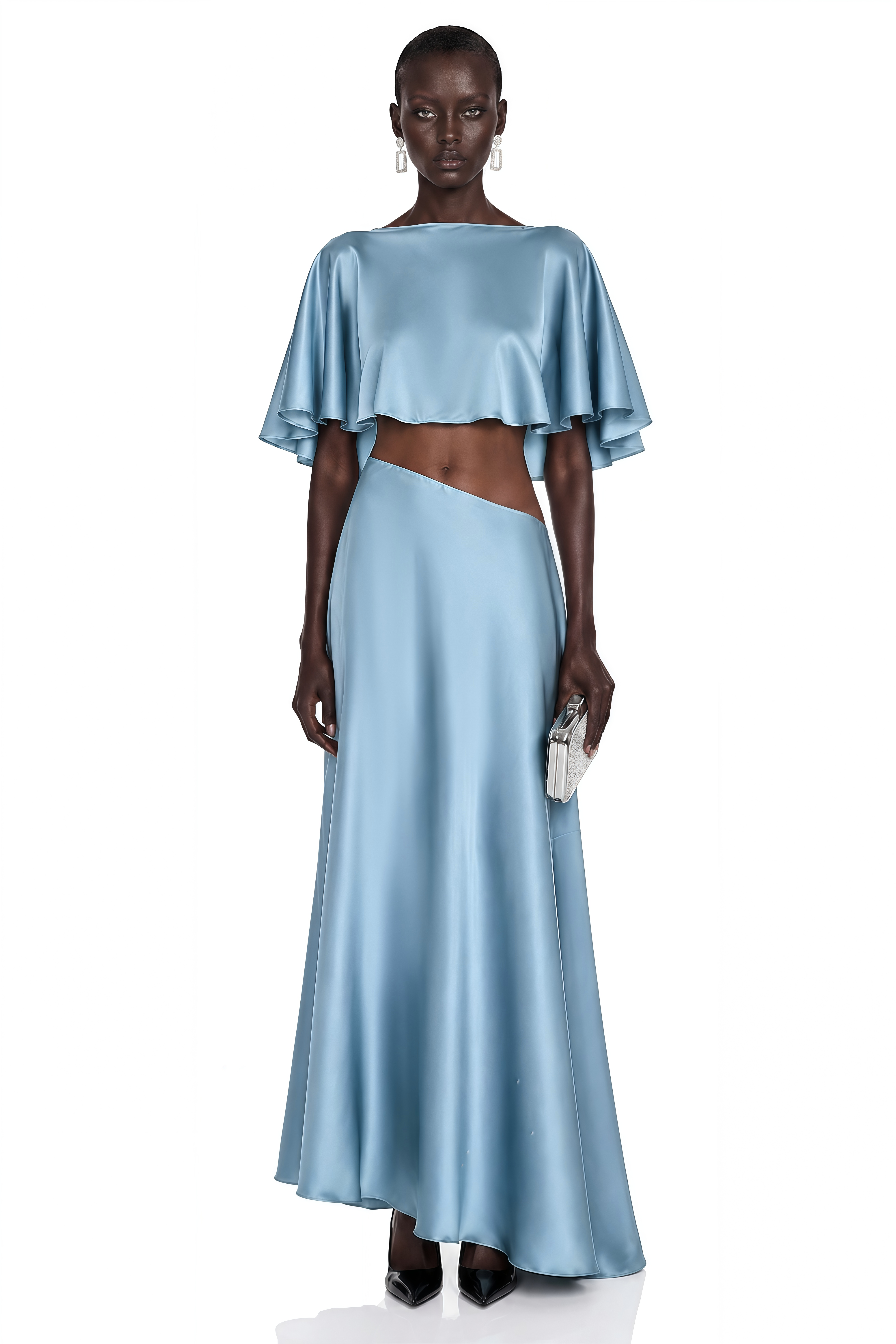 Light blue satin maxi dress with a ruffled cape overlay and waist cutout