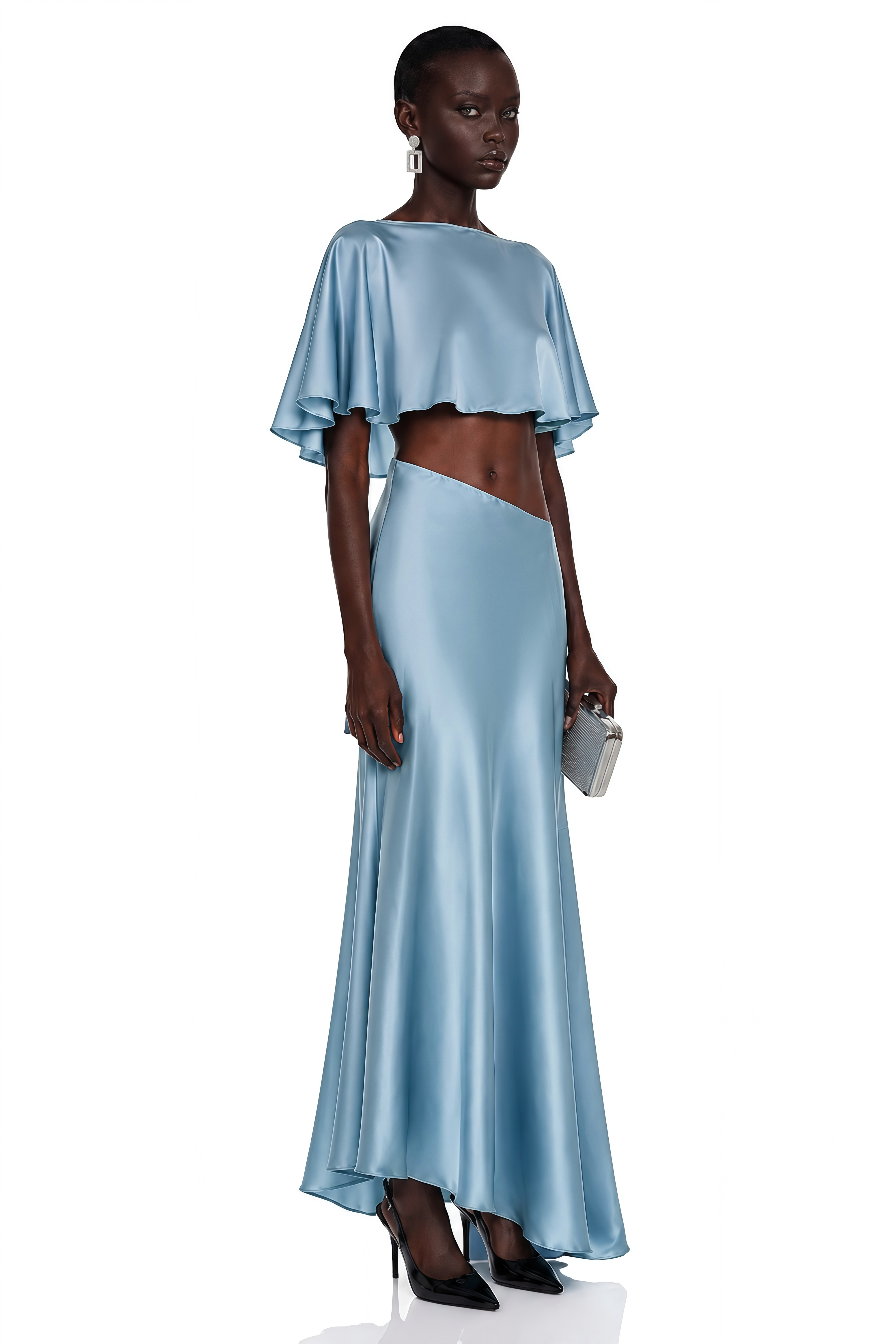 Light blue satin maxi dress with a ruffled cape overlay and waist cutout