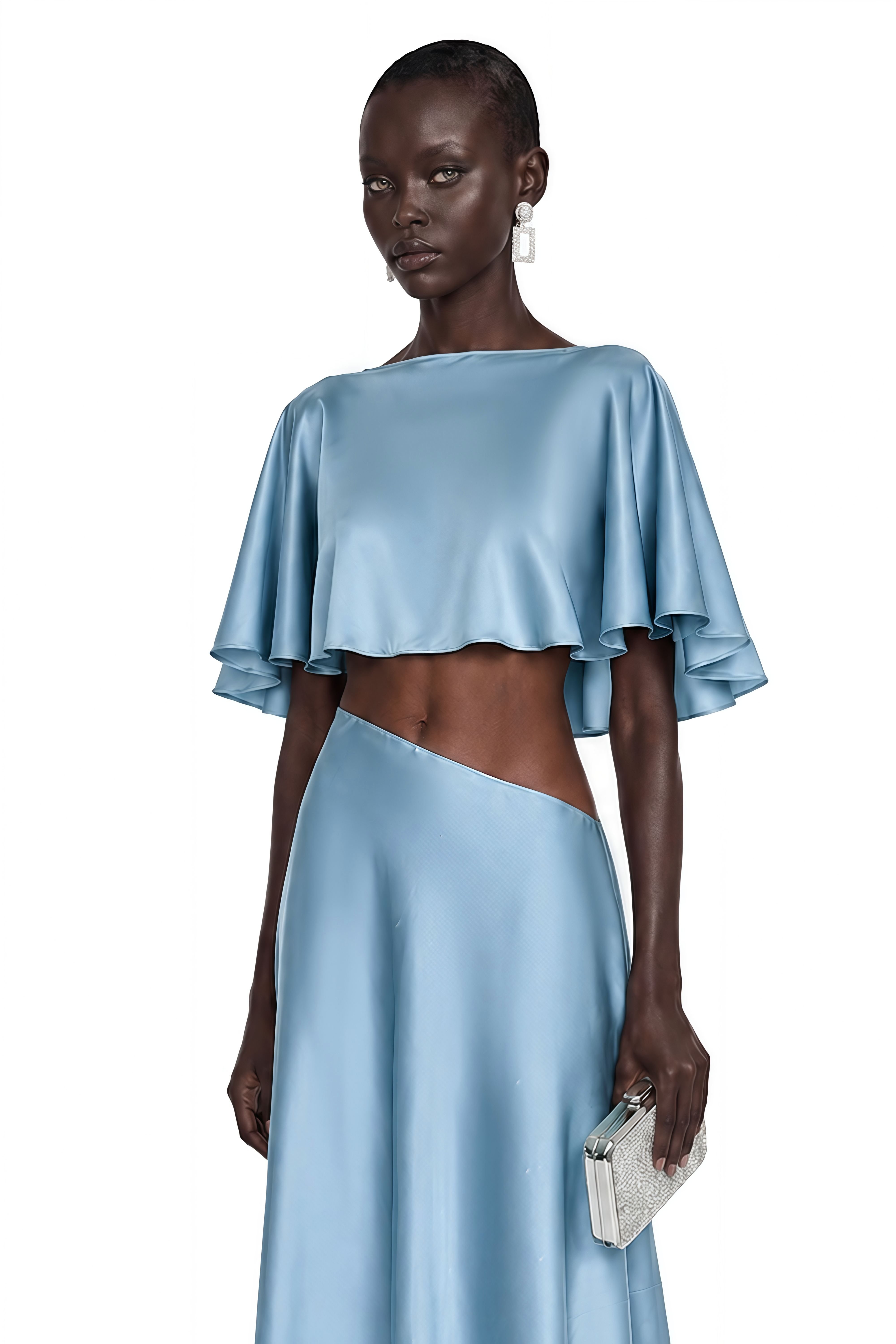 Light blue satin maxi dress with a ruffled cape overlay and waist cutout