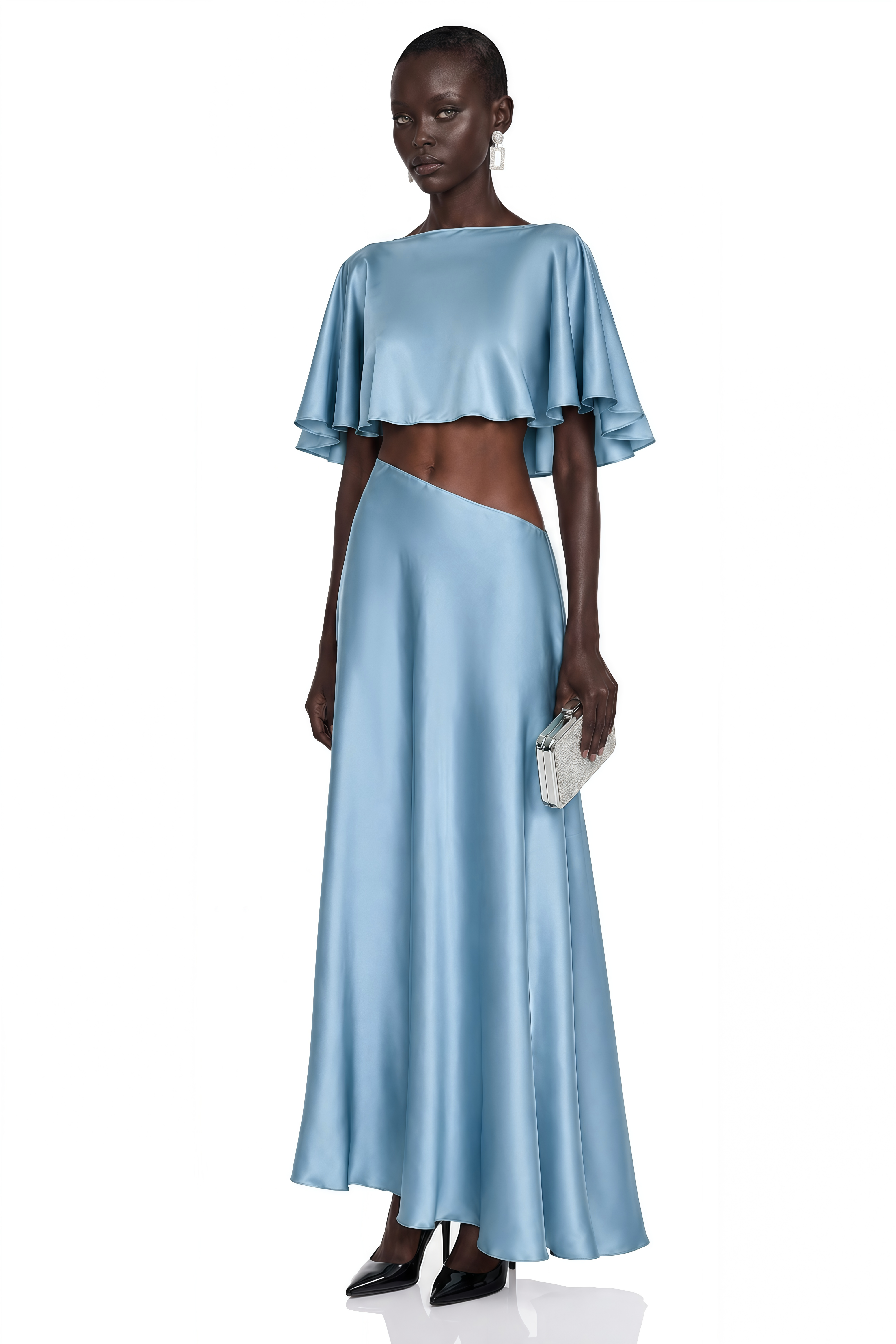 Light blue satin maxi dress with a ruffled cape overlay and waist cutout