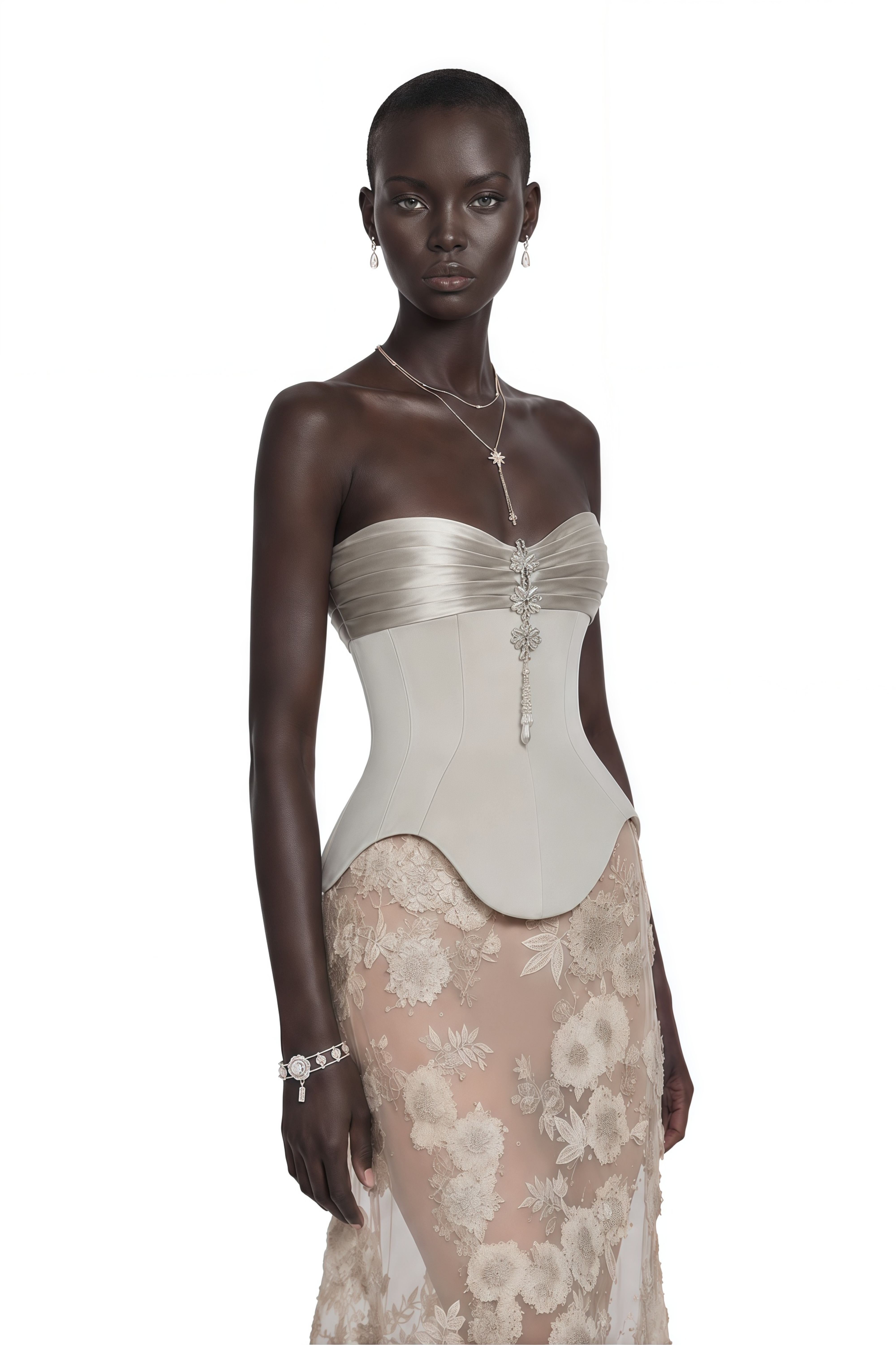 Fiorinda Champagne Strapless Corset Top & Beaded Floral Skirt Set