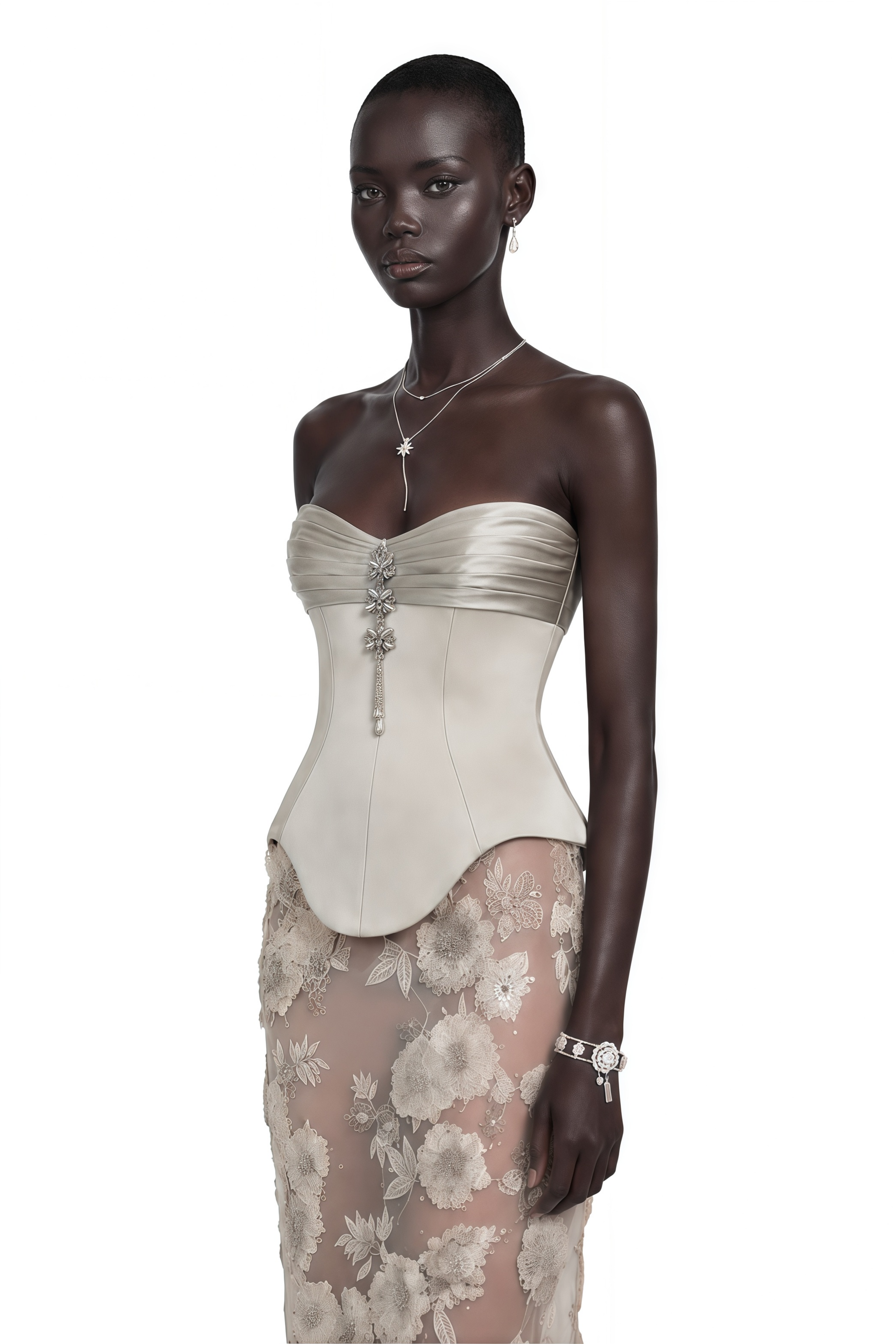 Fiorinda Champagne Strapless Corset Top & Beaded Floral Skirt Set