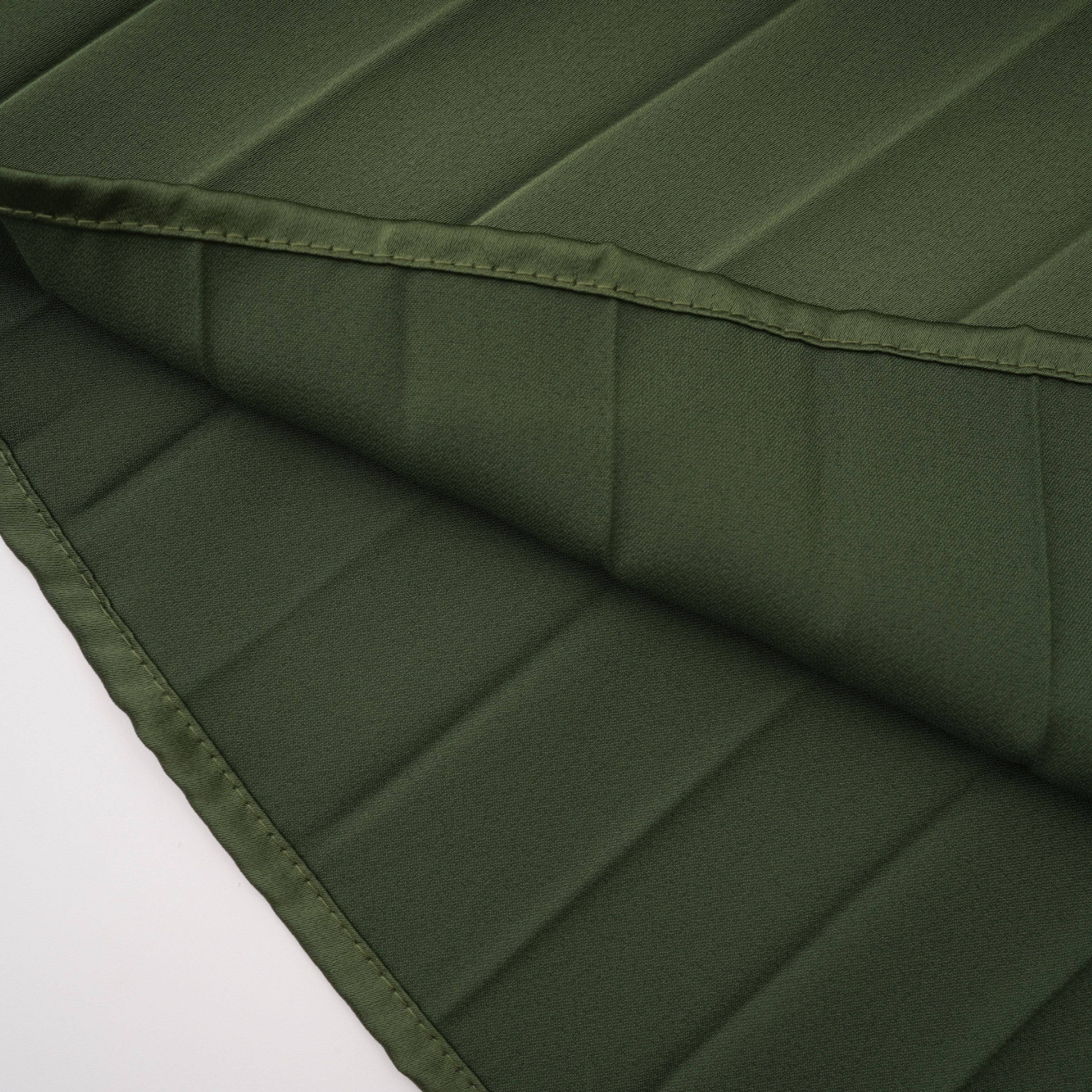 Olive green maxi dress with a pleated one-shoulder neckline and fully pleated draped skirt