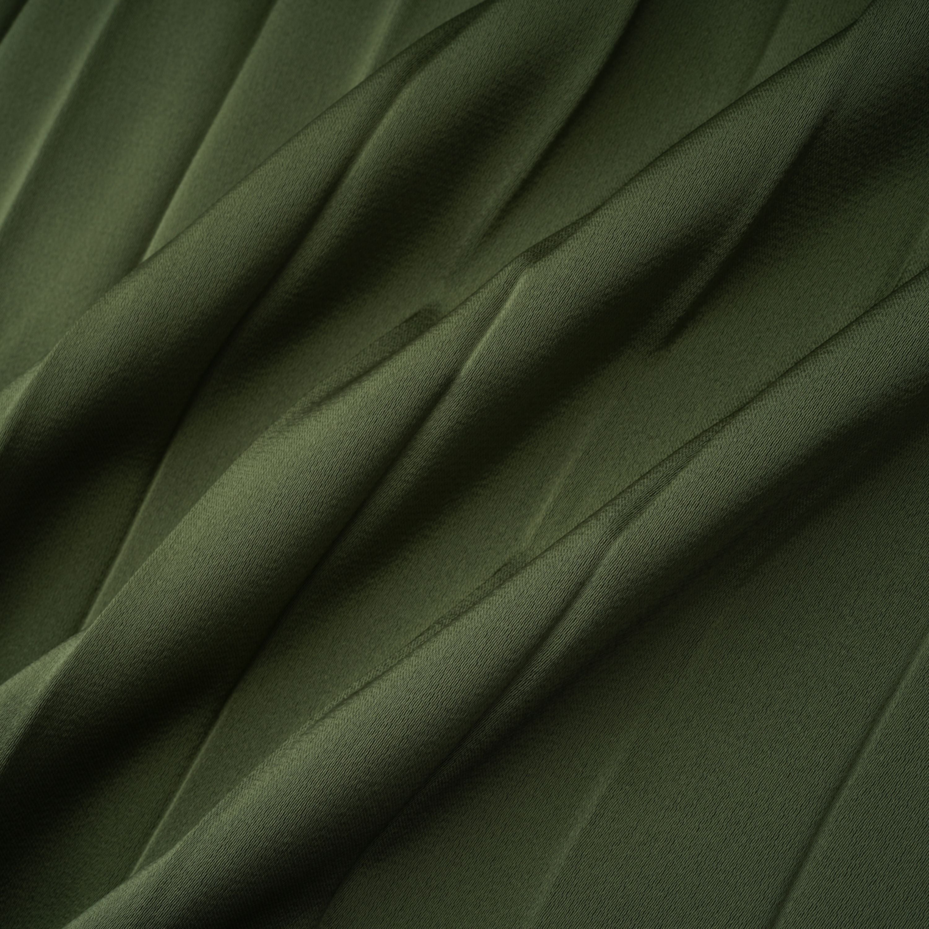 Olive green maxi dress with a pleated one-shoulder neckline and fully pleated draped skirt