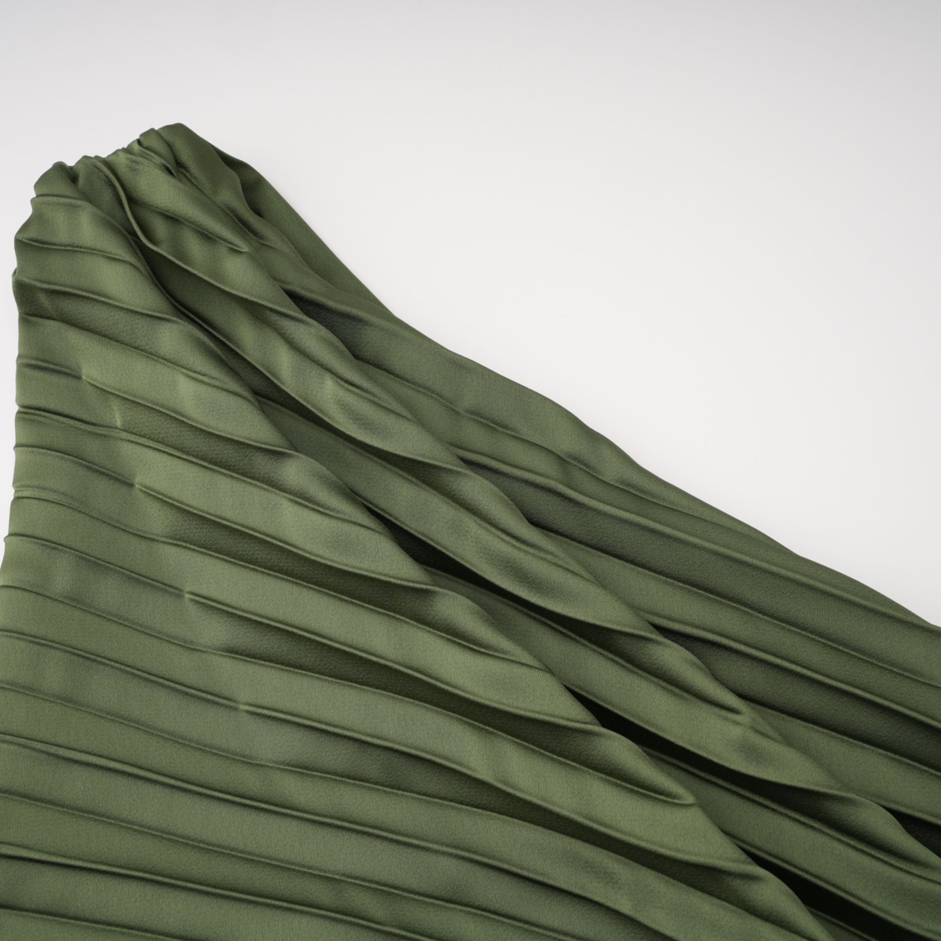 Olive green maxi dress with a pleated one-shoulder neckline and fully pleated draped skirt