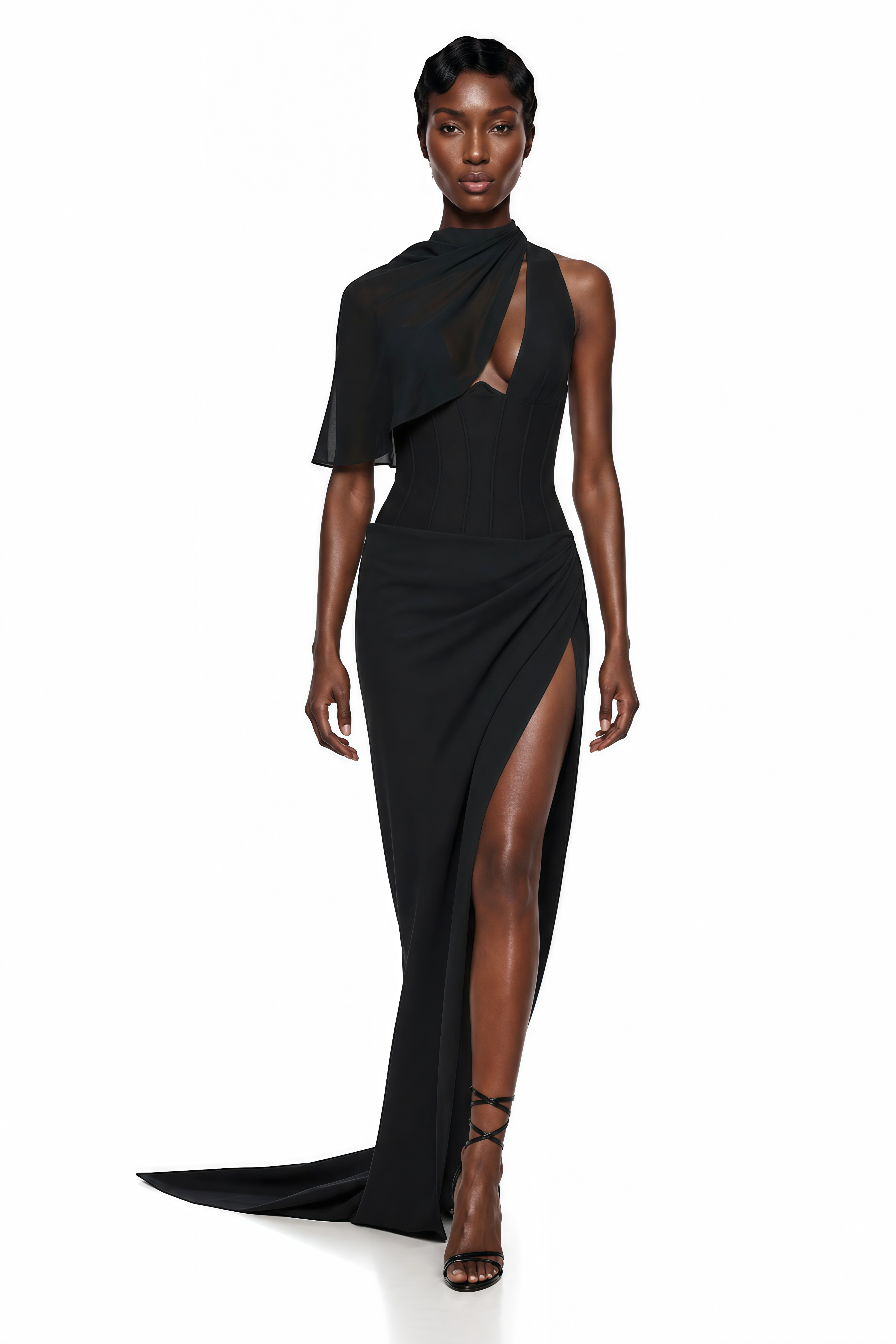 Black asymmetric maxi dress featuring a structured corset bodice, a sheer draped single sleeve, and a high thigh slit