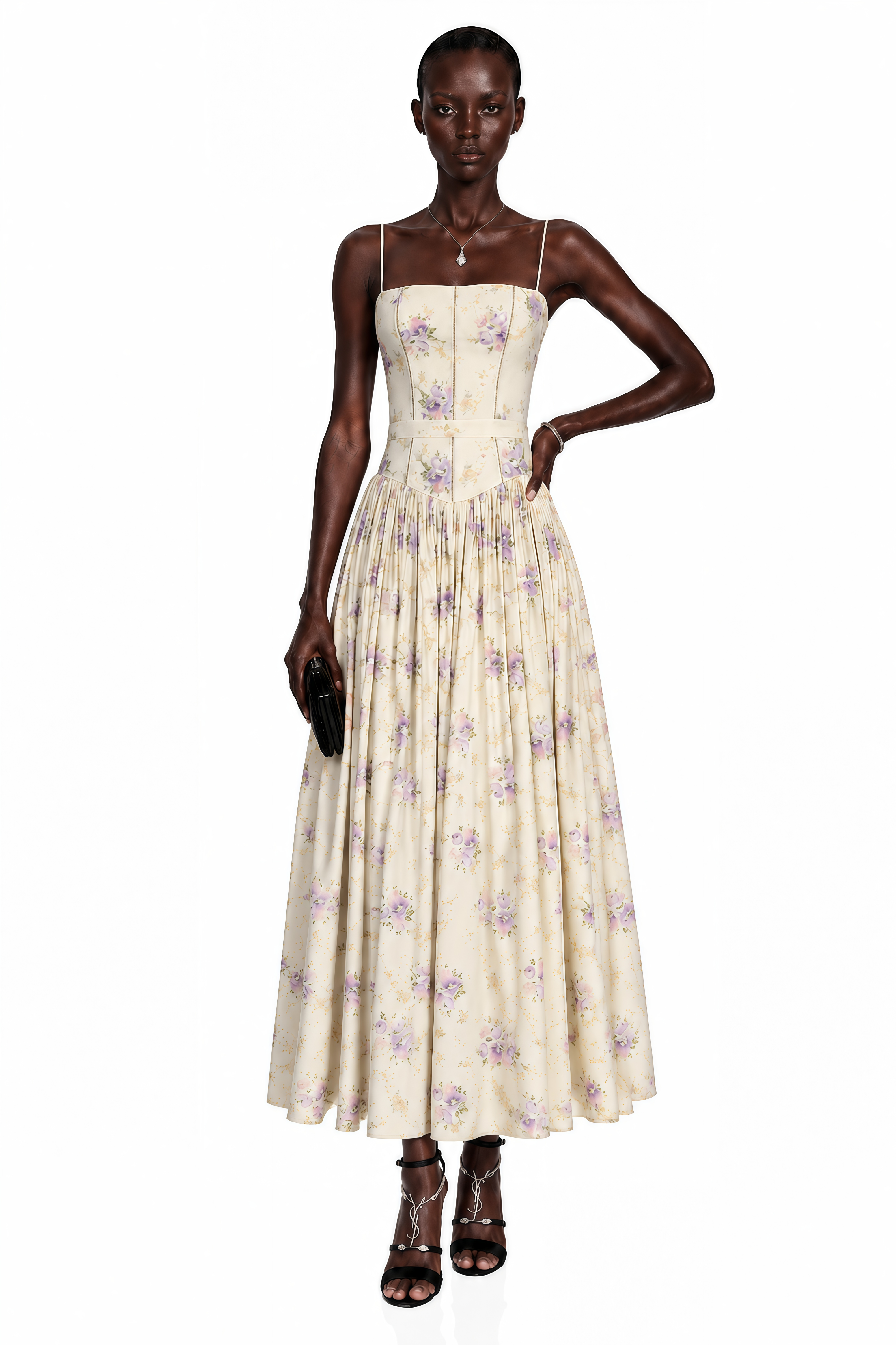 Floral midi dress with spaghetti straps, a structured corset bodice, and a gathered A-line skirt