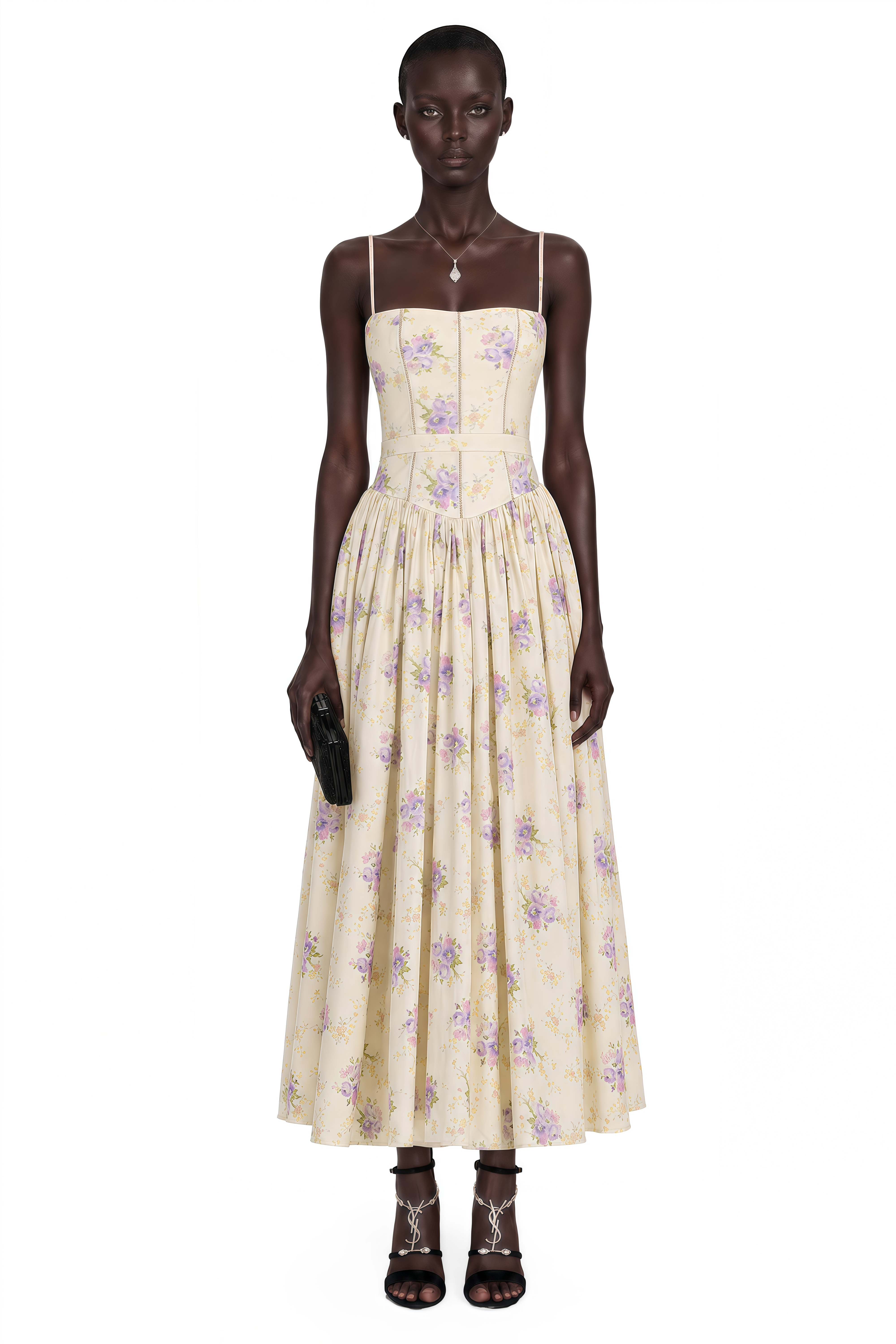 Floral midi dress with spaghetti straps, a structured corset bodice, and a gathered A-line skirt