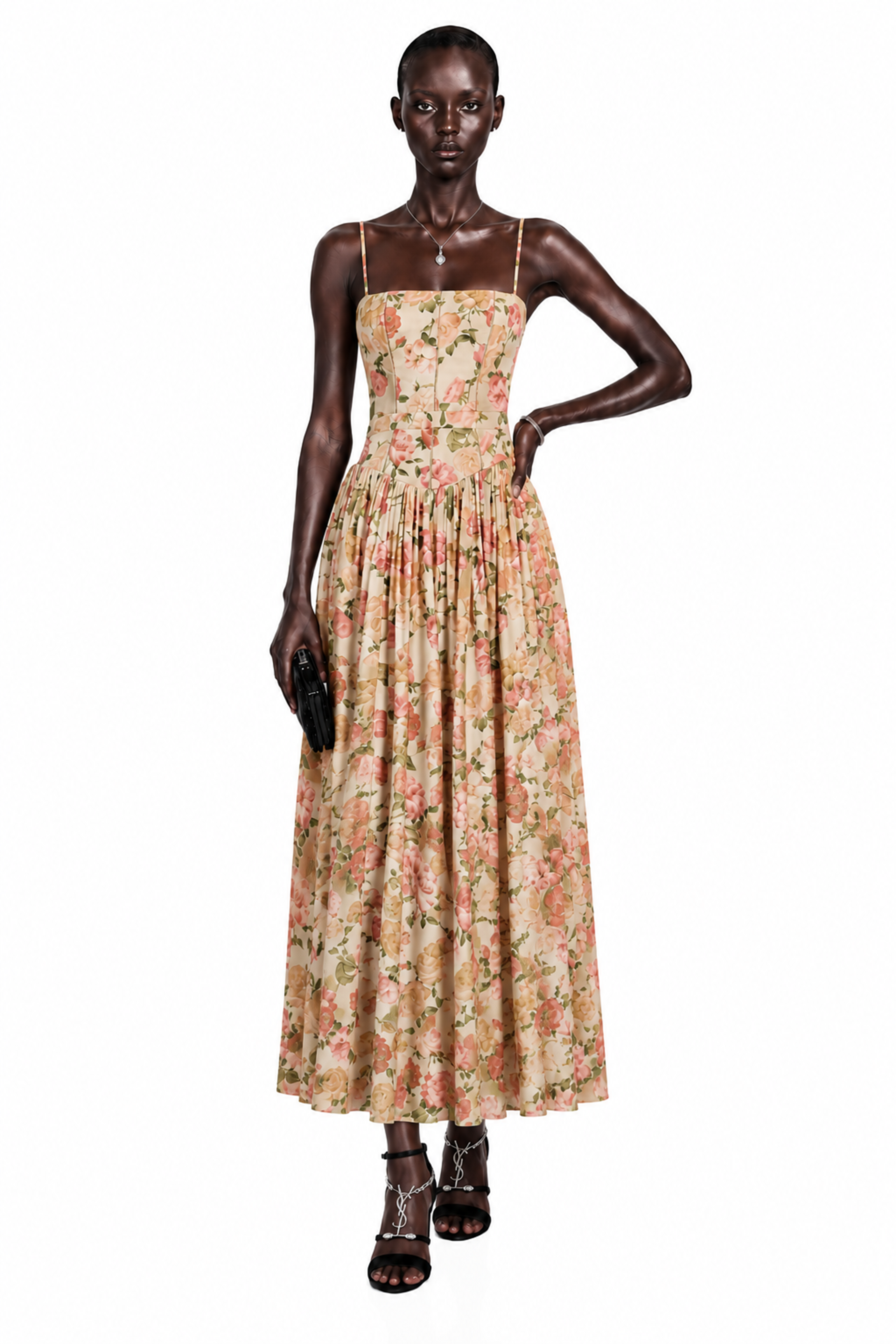 Floral midi dress with spaghetti straps, a structured corset bodice, and a gathered A-line skirt
