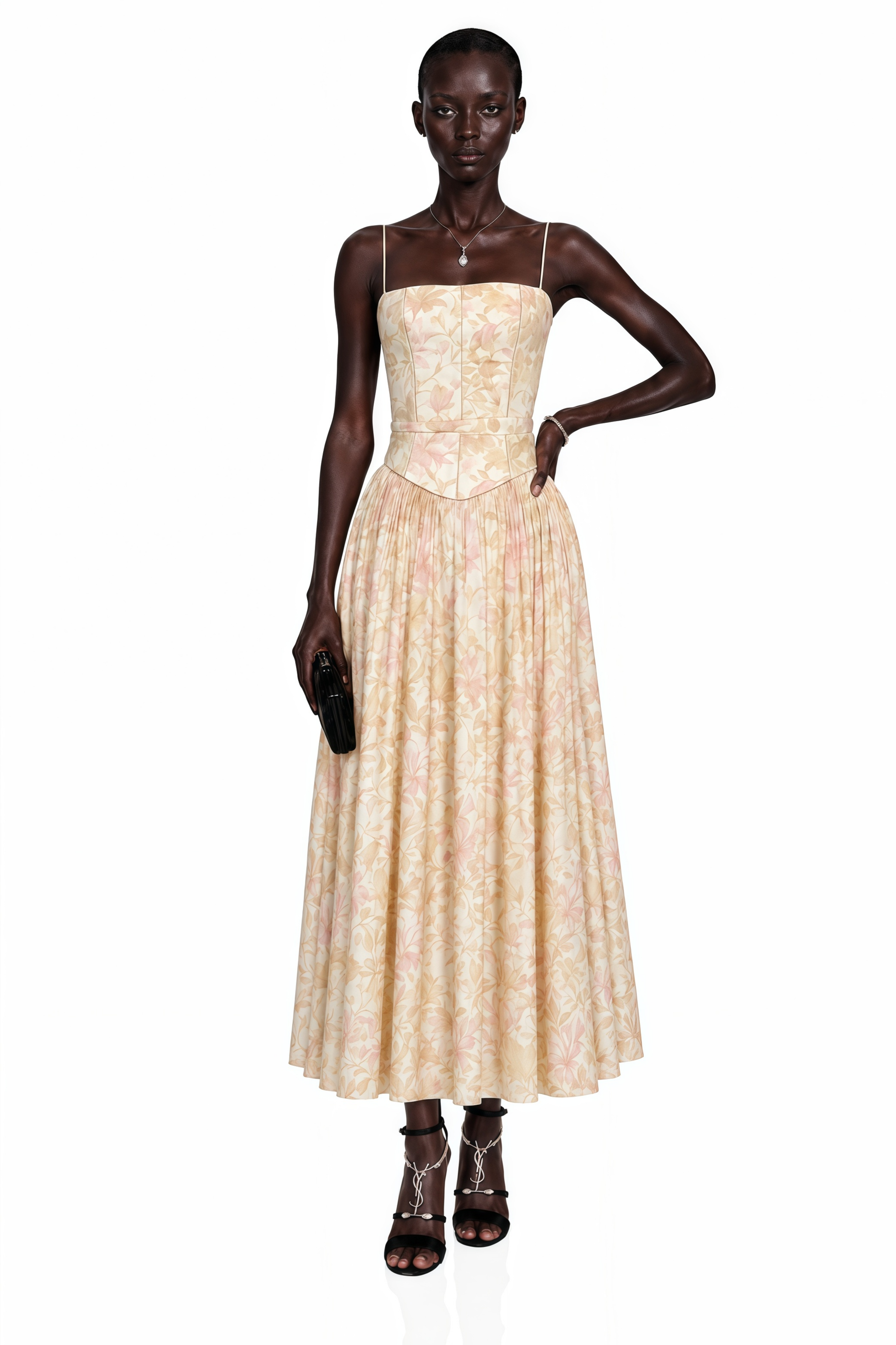 Floral midi dress with spaghetti straps, a structured corset bodice, and a gathered A-line skirt