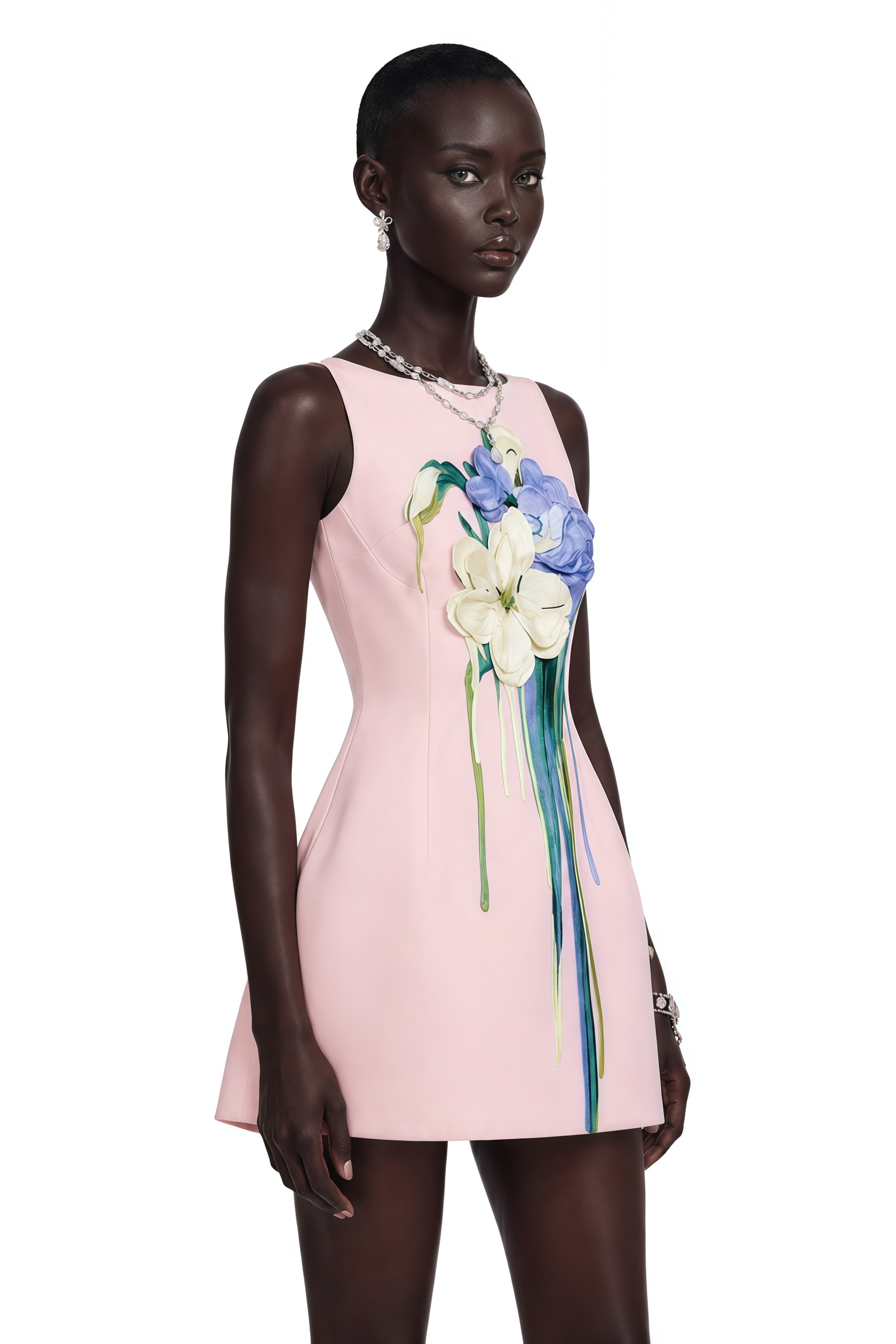 Pink sleeveless A-line mini dress with 3D floral appliqués