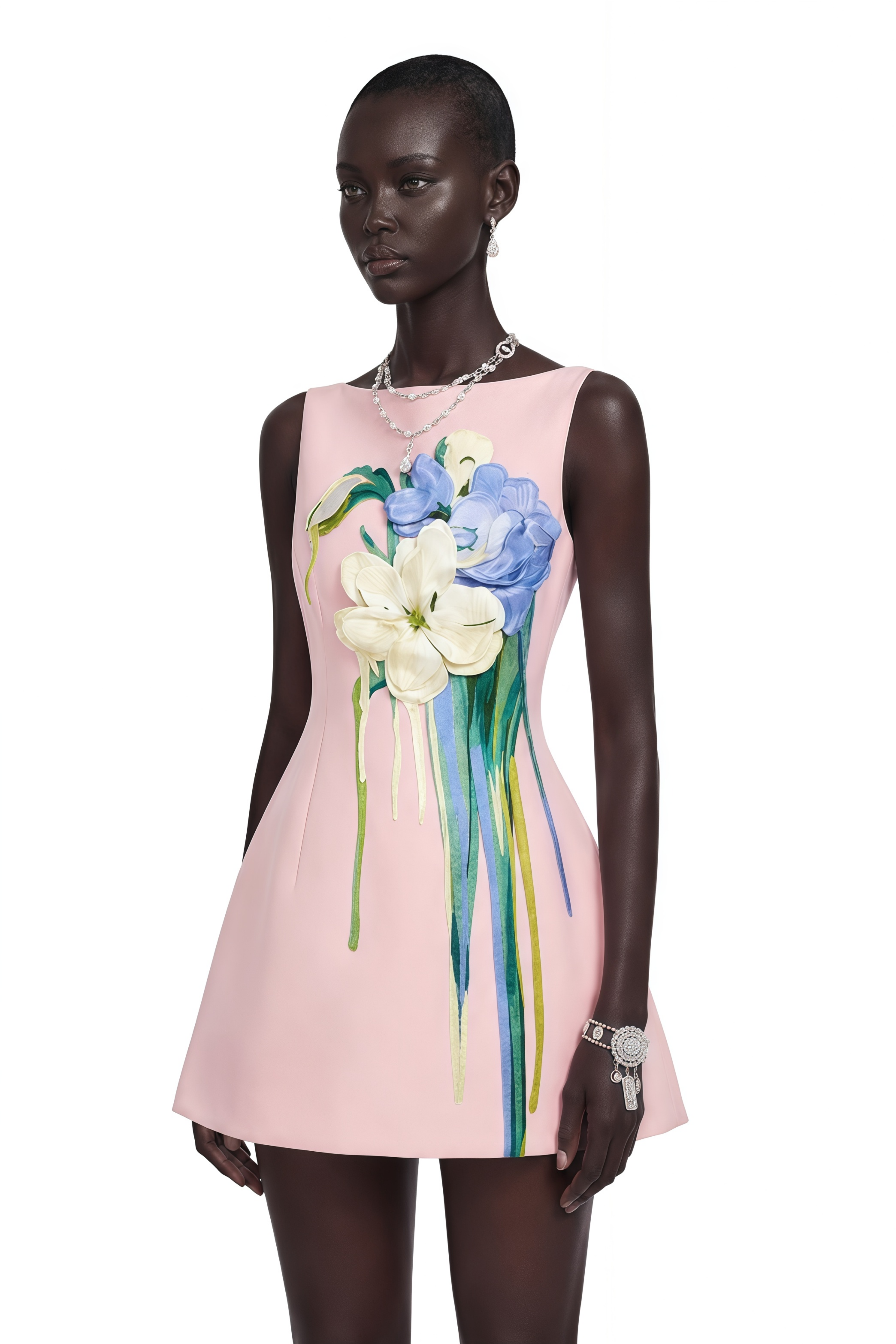 Pink sleeveless A-line mini dress with 3D floral appliqués