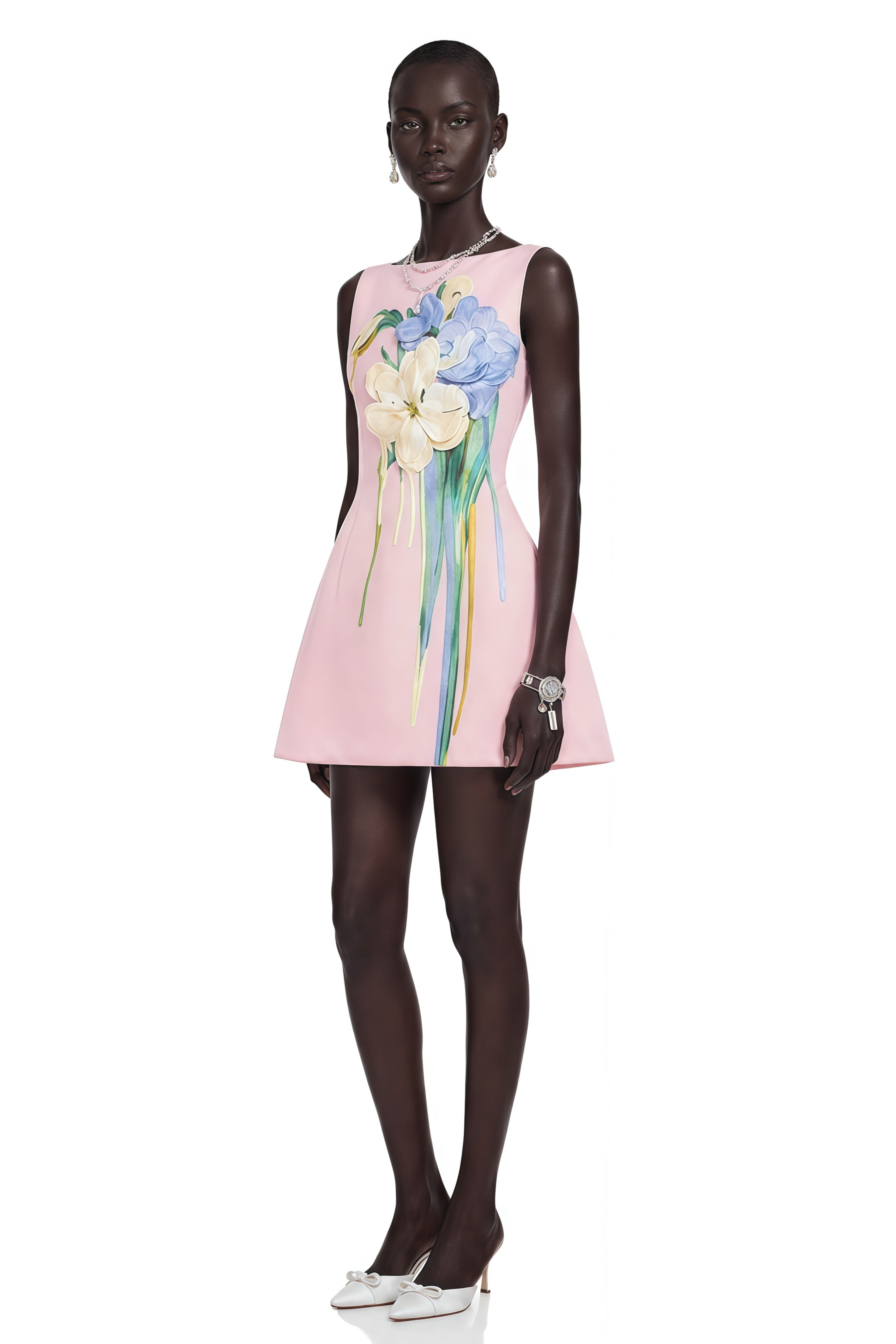 Pink sleeveless A-line mini dress with 3D floral appliqués