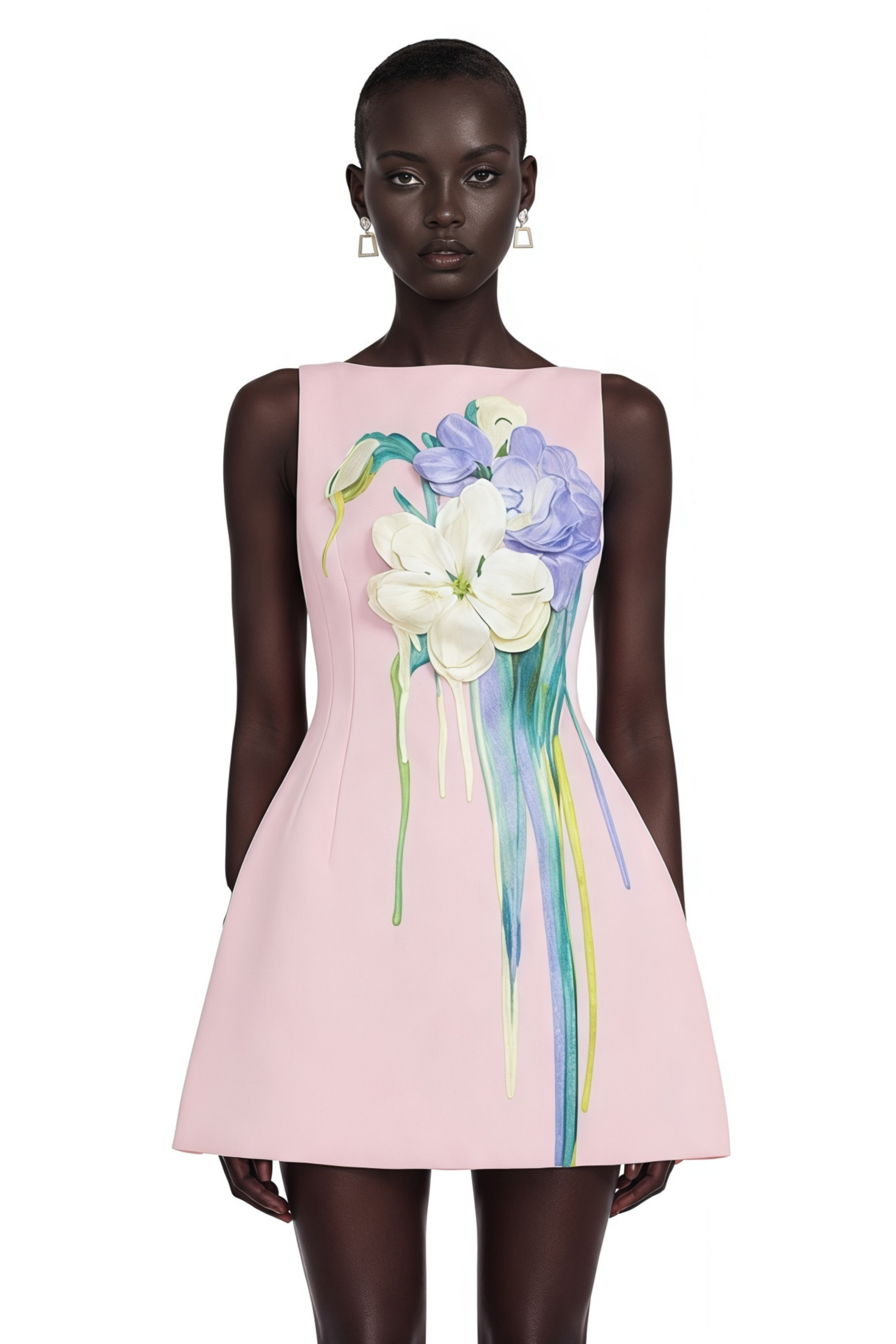 Pink sleeveless A-line mini dress with 3D floral appliqués