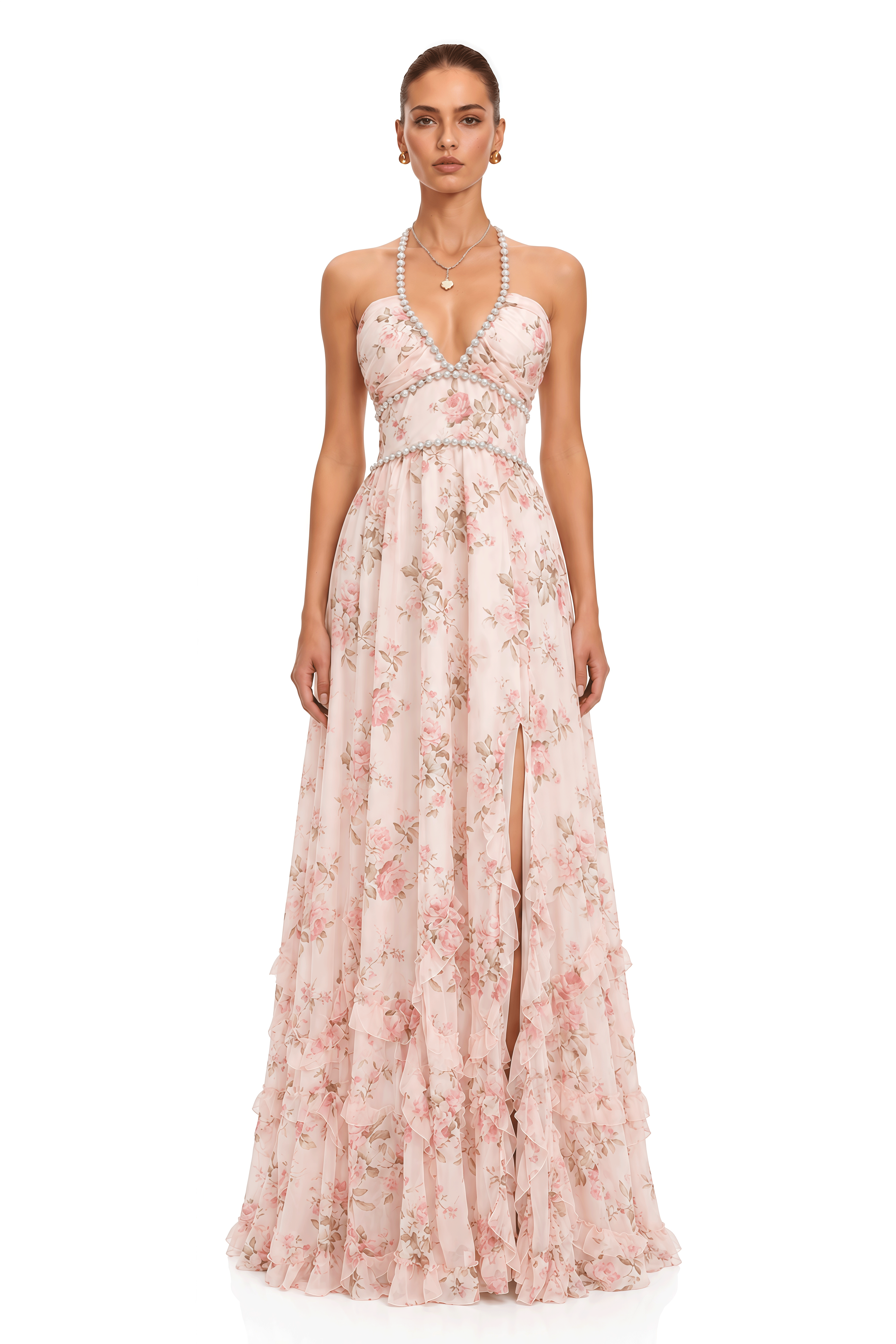 Florence Blush Pink Floral Pearl-Embellished Halter Maxi Dress