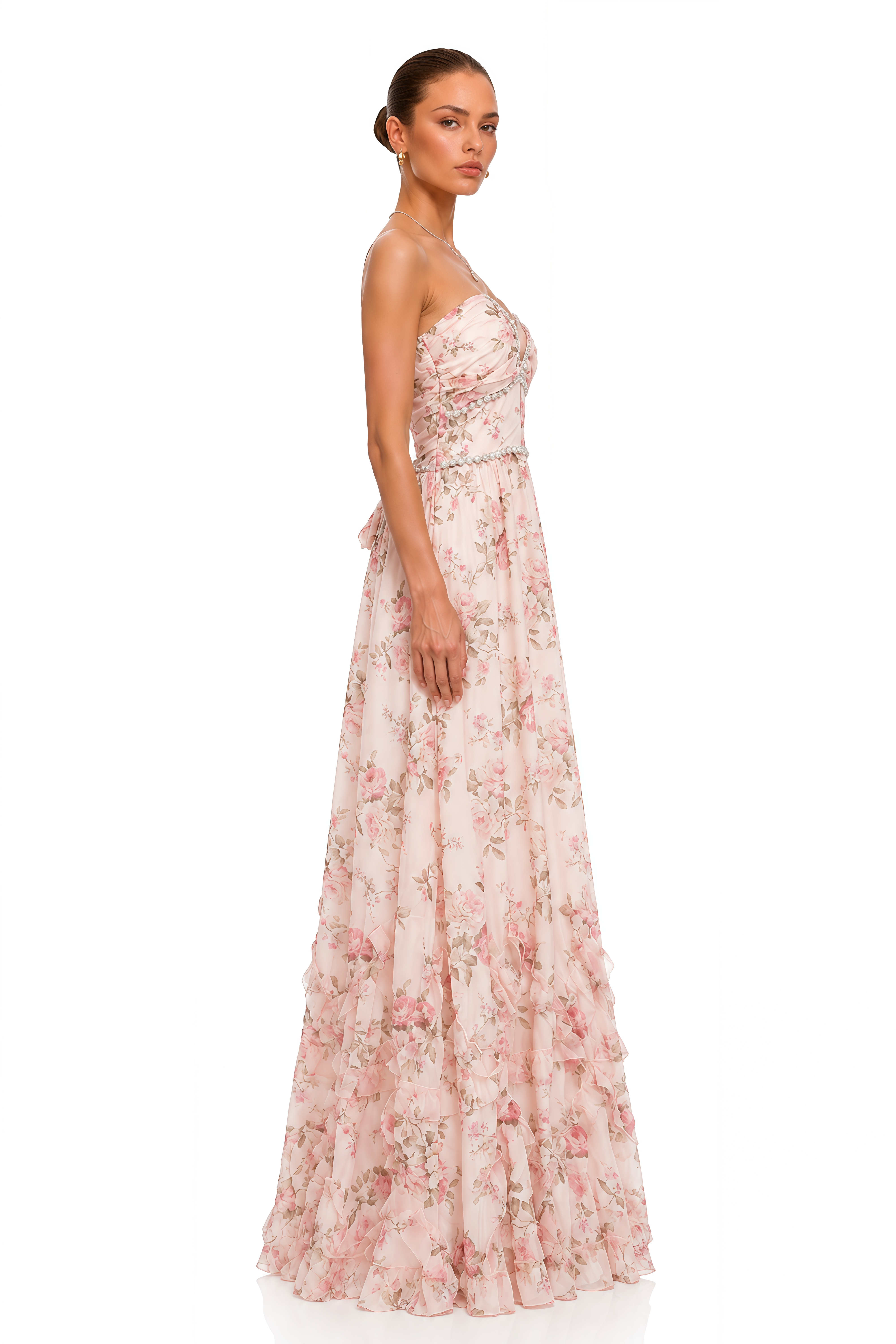 Florence Blush Pink Floral Pearl-Embellished Halter Maxi Dress