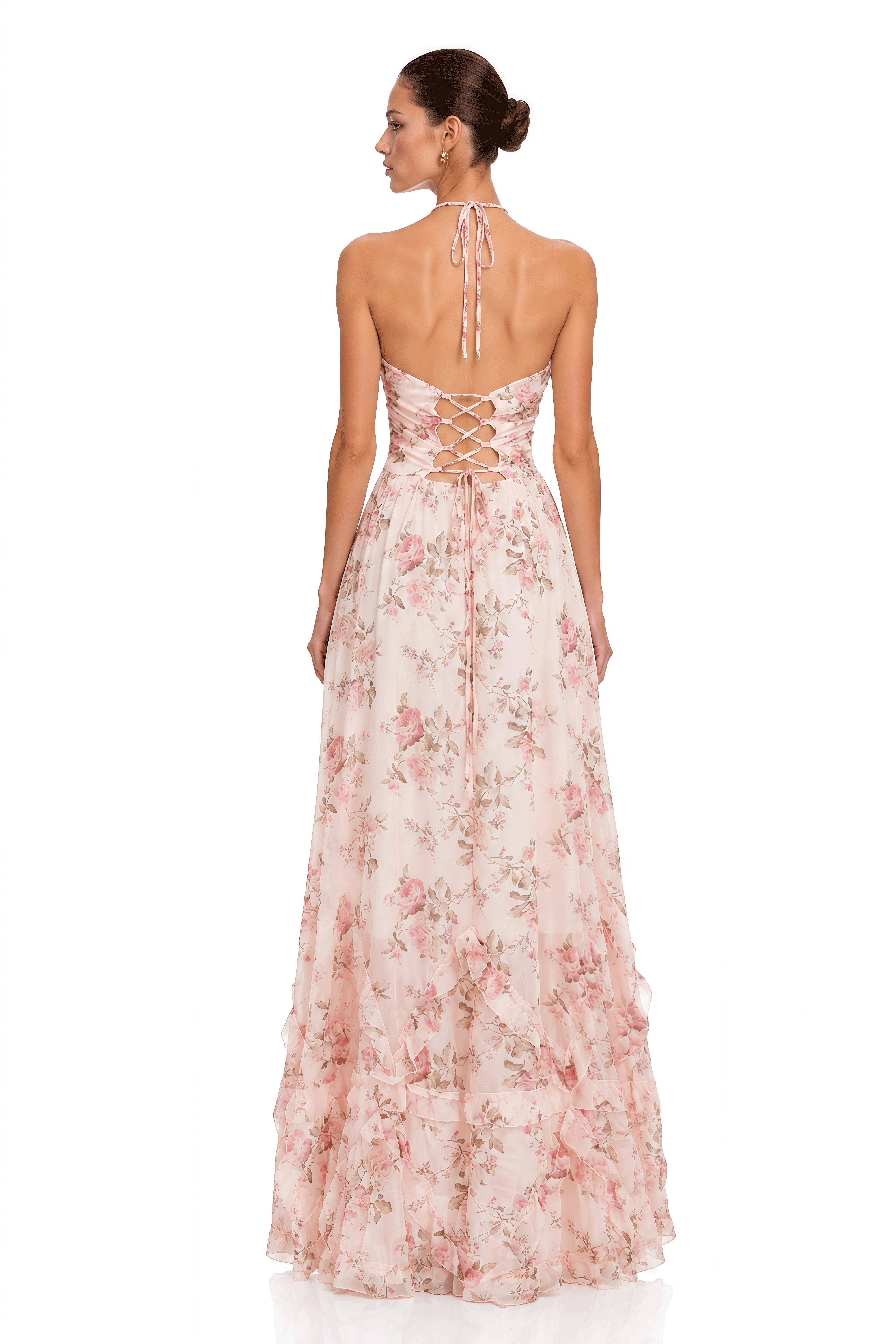 Florence Blush Pink Floral Pearl-Embellished Halter Maxi Dress
